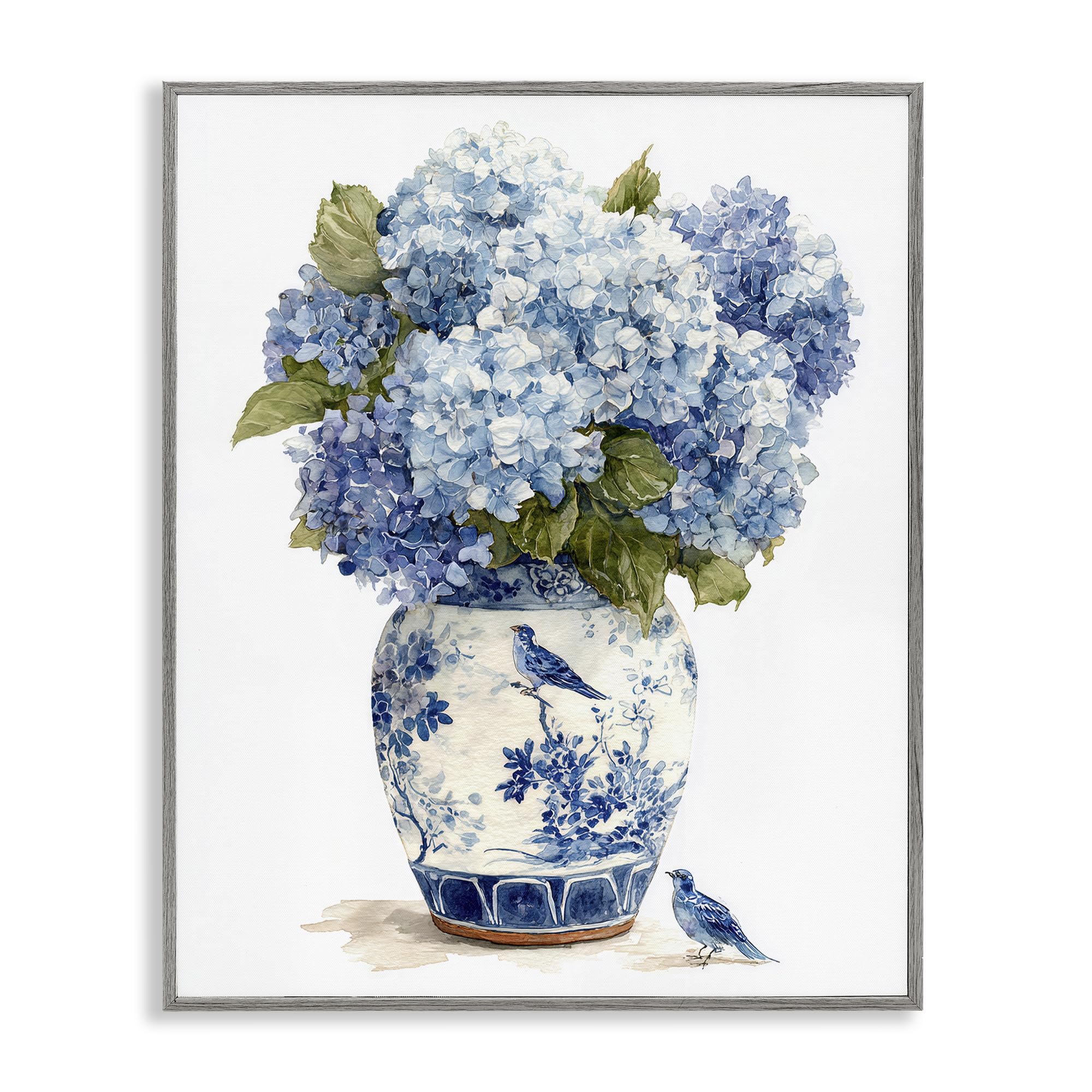 Stupell Industries Blue Bird Hydrangea Vase 'Blue Bird & Hydrangea Vase', Framed Giclee Art, Gray, 24 X 30 Inches, Easy To Hang And Sturdy, Made In Usa, By Imagine It Images