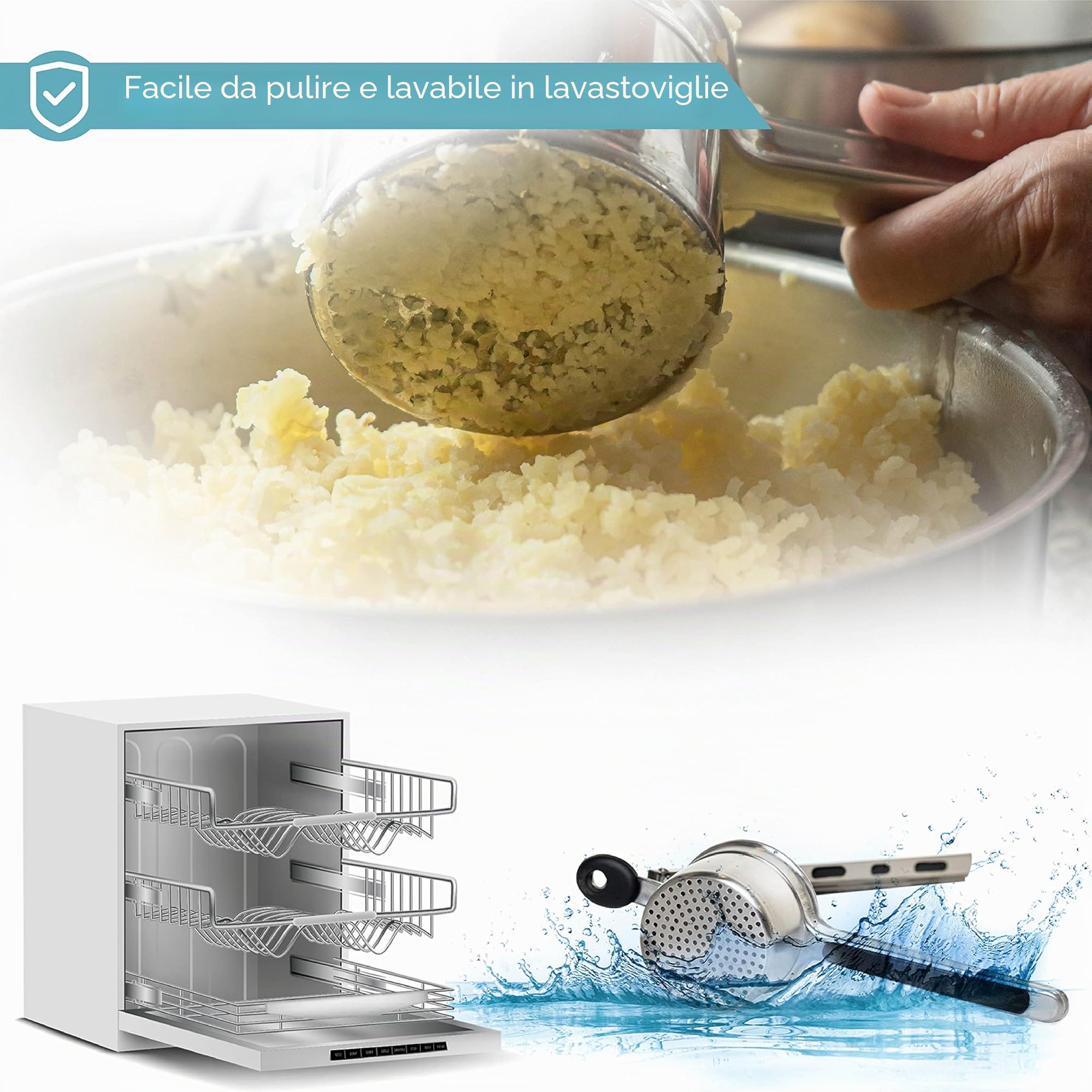 HEFTMAN Schiacciapatate - Schiacciapatate Acciaio Inox con Manici Ergonomici in Silicone, Schiaccia Verdure Manuale, Sciacciapatate per Alimenti per Bambini Frutta Verdura (Lavabile in Lavastoviglie)