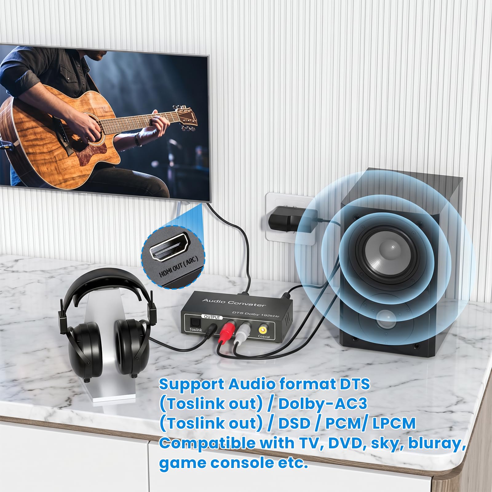DAC para HDMI ARC Toslink óptico SPDIF coaxial a jack AUX estéreo R/L adaptador de audio óptico coaxial de 192 KHz