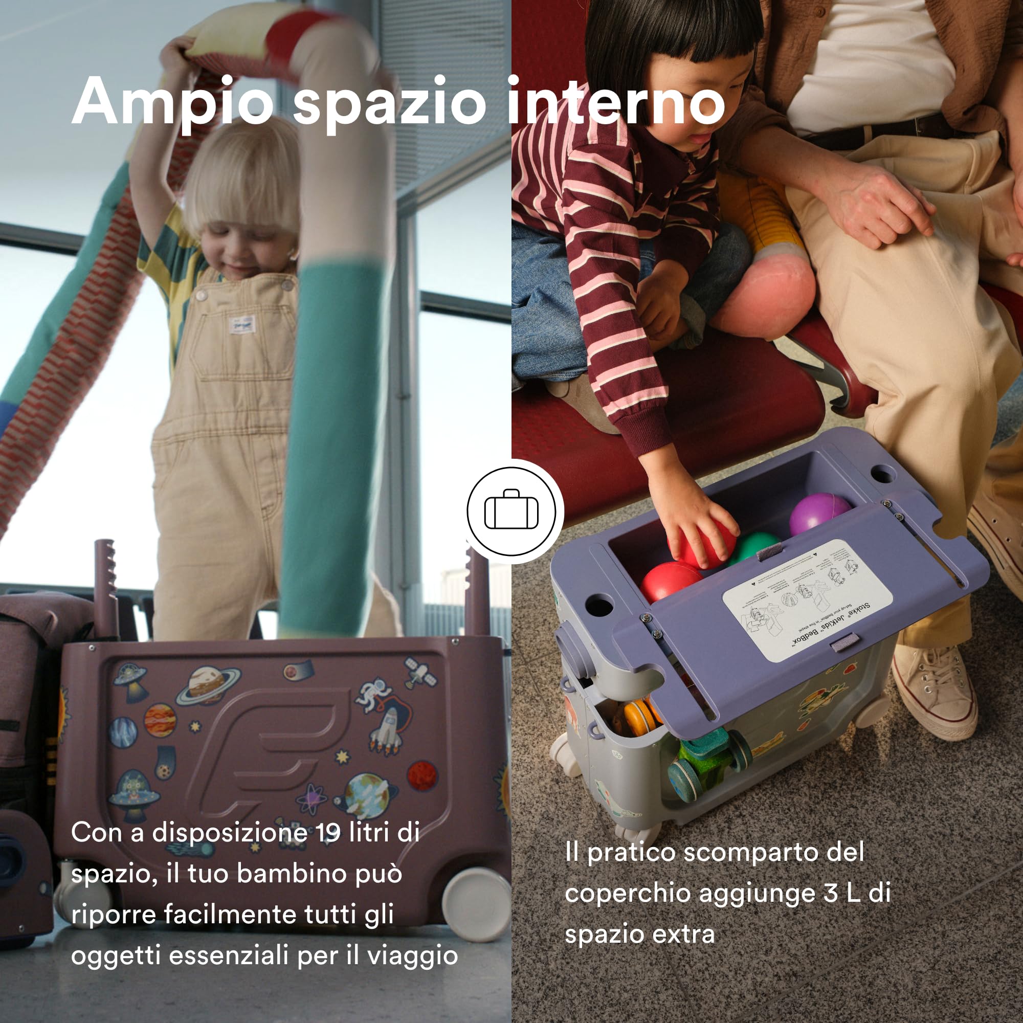 Stokke JetKids BedBox, Coral Pink - Valigia cavalcabile per bambini dai 2 ai 7 anni (fino a 35 kg) - Si trasforma in letto - Include materasso, adesivi decorativi e cinghia di trasporto regolabile