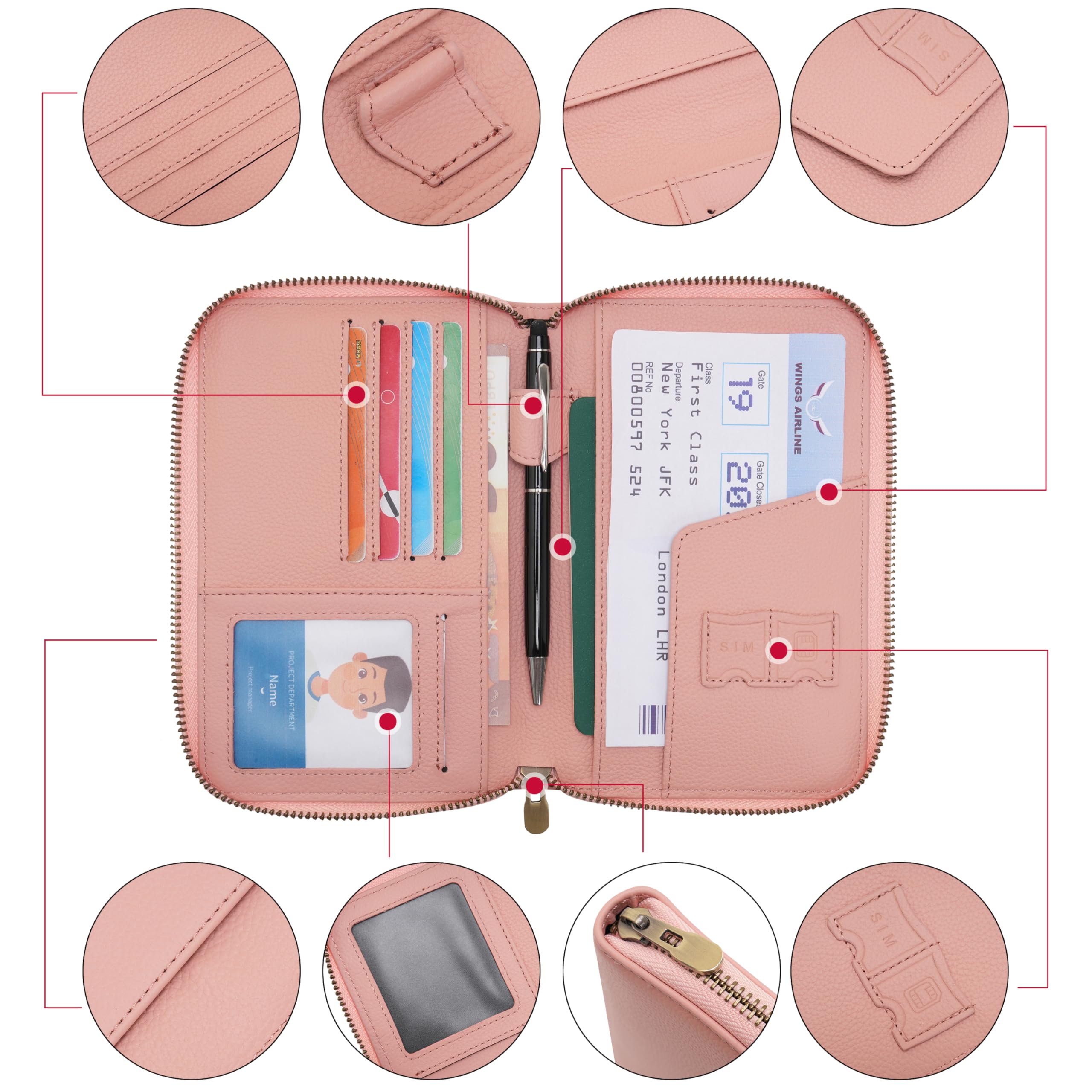 WASON Portefeuille Passeport de Voyage en Cuir avec Fermeture Éclair Protection RFID, Étui Passeport avec Compartiments pour Cartes, Argent, Pièce d'Identité, Carte d'Embarquement et Billets (Rose)