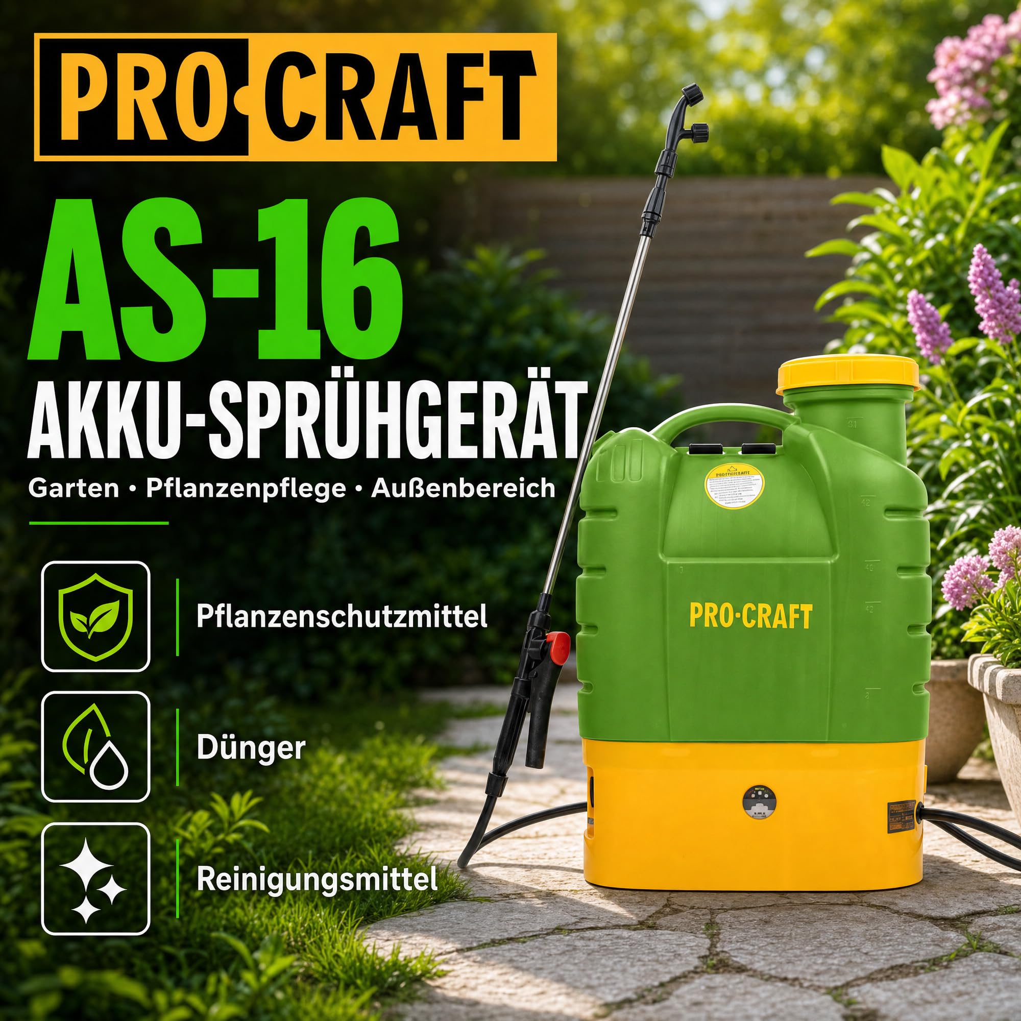 PROCRAFT AS-16 Spruzzatore a Batteria 12V 16L 5.5Bar + Batteria Integrata 8.0Ah + Caricatore
