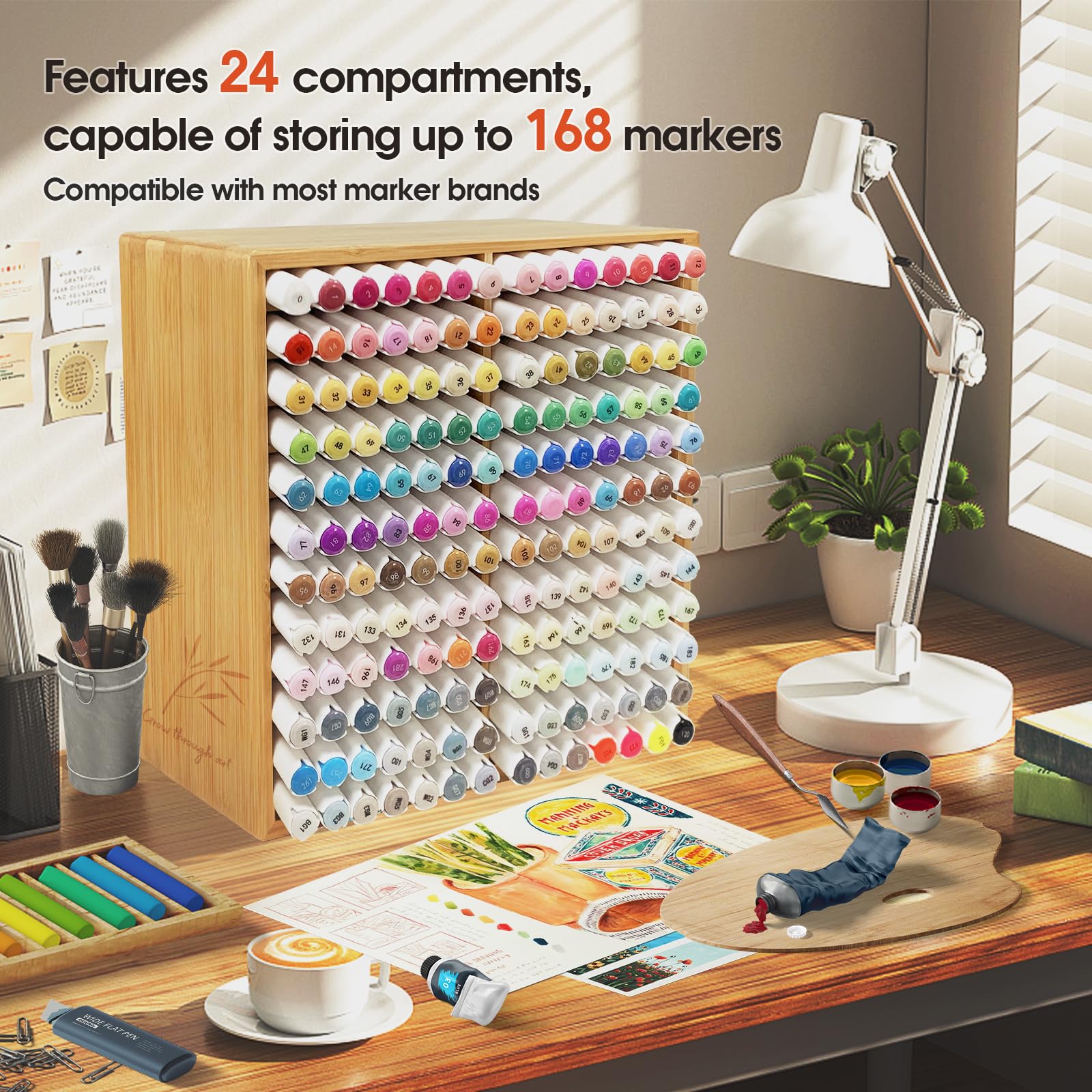 Marker-Organizer für 168 Marker, Bambus-Holz, Schreibtisch-Organizer, Regal, Marker, Stifte, Bleistifte, Kunstpinsel, Aufbewahrungshalter für Zuhause, Klassenzimmer, Büro, Dekoration