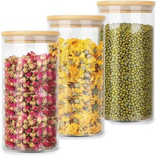 1300ml Glass Food Jars with Bamboo Lids, 3 Pack Glass Storage Containers with Airtight Wood Lids Kitchen Canisters Set for Pasta Spaghetti Tea Beans Snack Flour Noodles Cereal