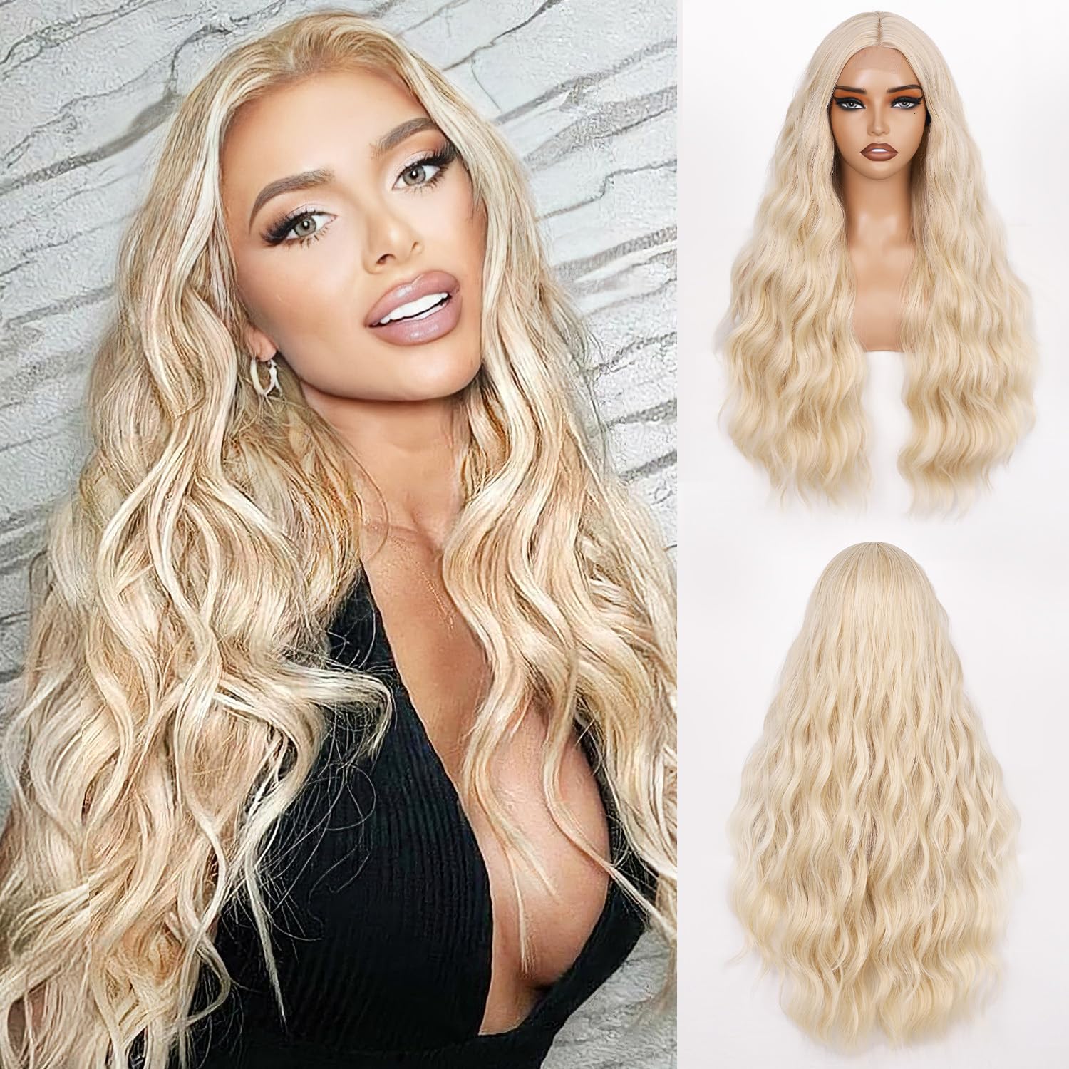 FAVE 70cm Peruki Platynowo Blond, Długa Falista Syntetyczna | Faliste Peruki z symulowanym rozdziałem koronkowym, naturalna linia włosów, odporne na ciepło na każdą okazję