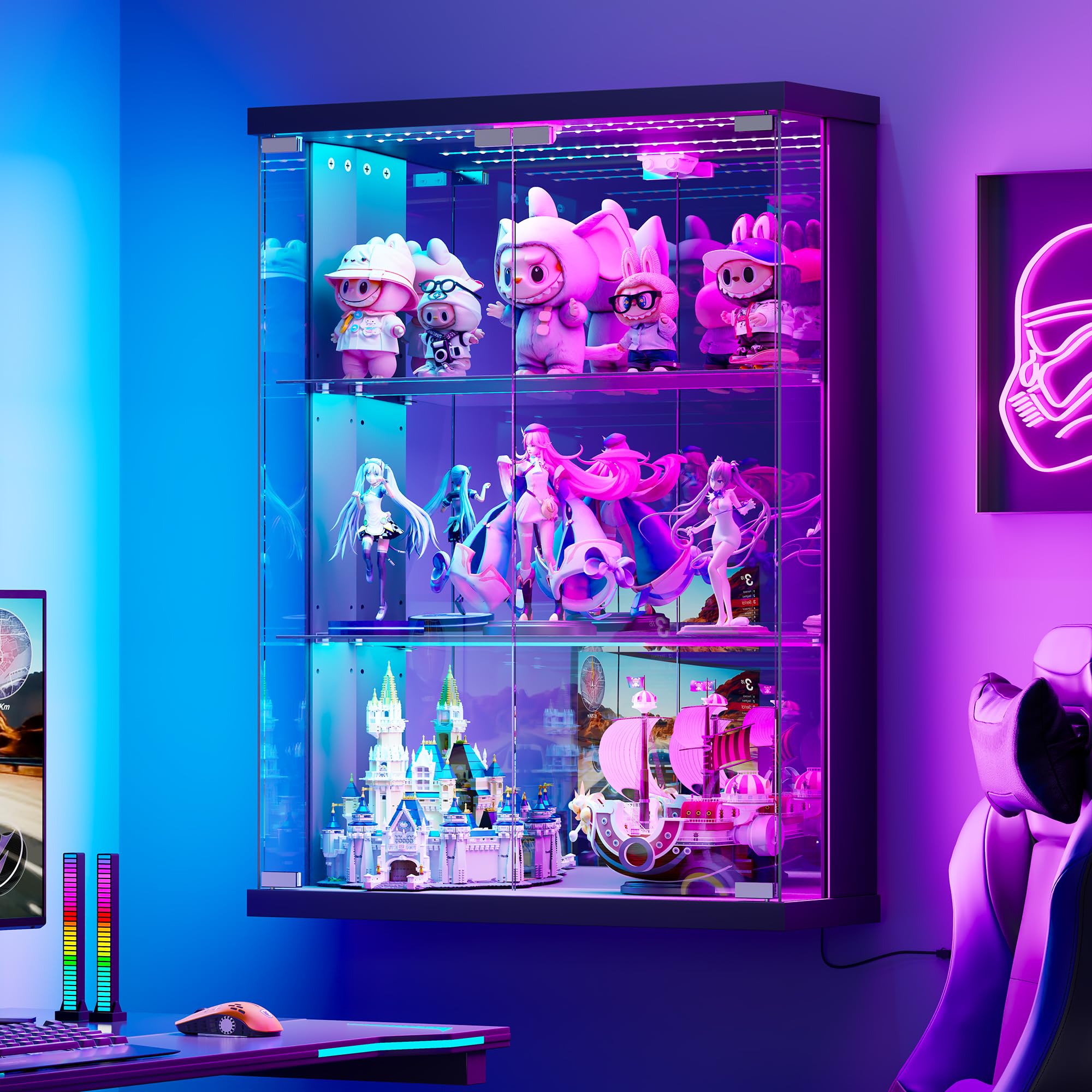 Vitrina colgante con puertas de cristal e iluminación LED para coleccionables figuras