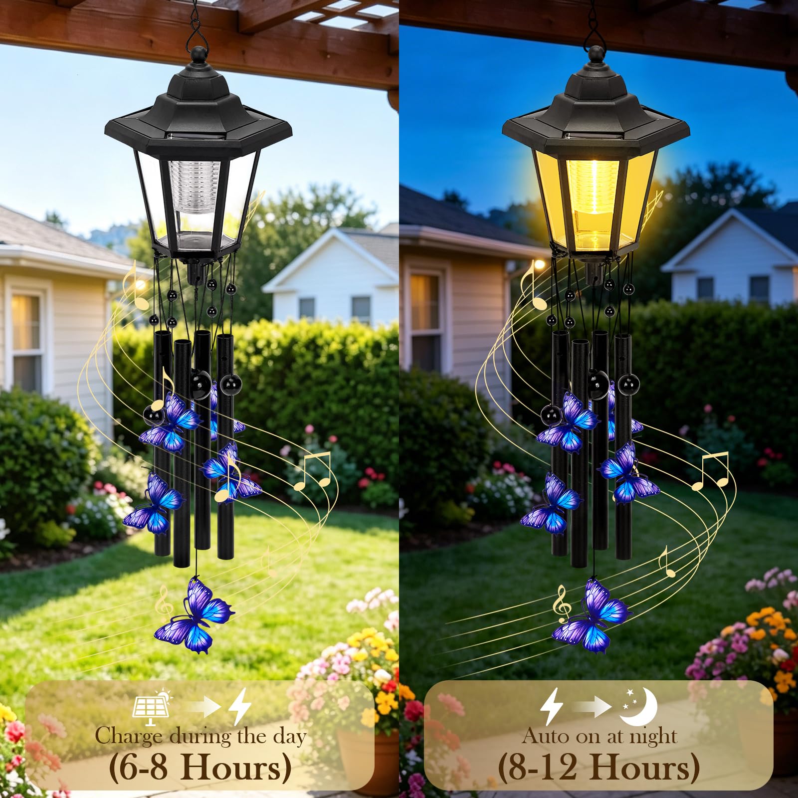 Campanelli a vento solare per esterni, 85,1 cm, grandi campanelli a vento a forma di farfalla, regali per donne, mamma, nonna, moglie, vicino, impermeabile, in metallo, decorazioni per esterni