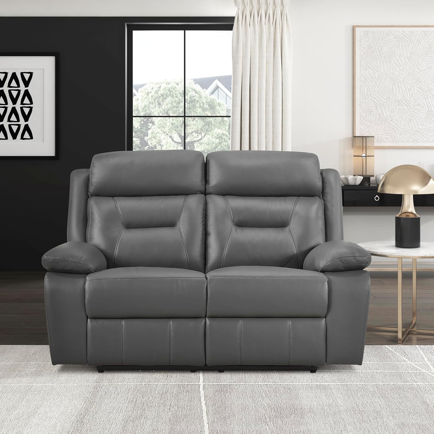 Lexicon Power Double Recliner Loveseat, Top Grain Leather Match Reclining Loveseat with Pillow Top Armrests, Home Theater Seating, Wall Hugger Recliner Love Seat with USB Port, 62.5" W, Dark Gray