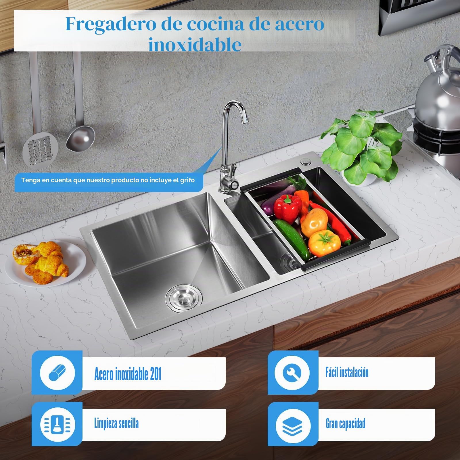 Fregadero empotrado, de acero inoxidable, doble fregadero, cocina con drenaje, fregadero doble, fregadero de cocina, 2 cuencos, 78 x 43 x 21 cm