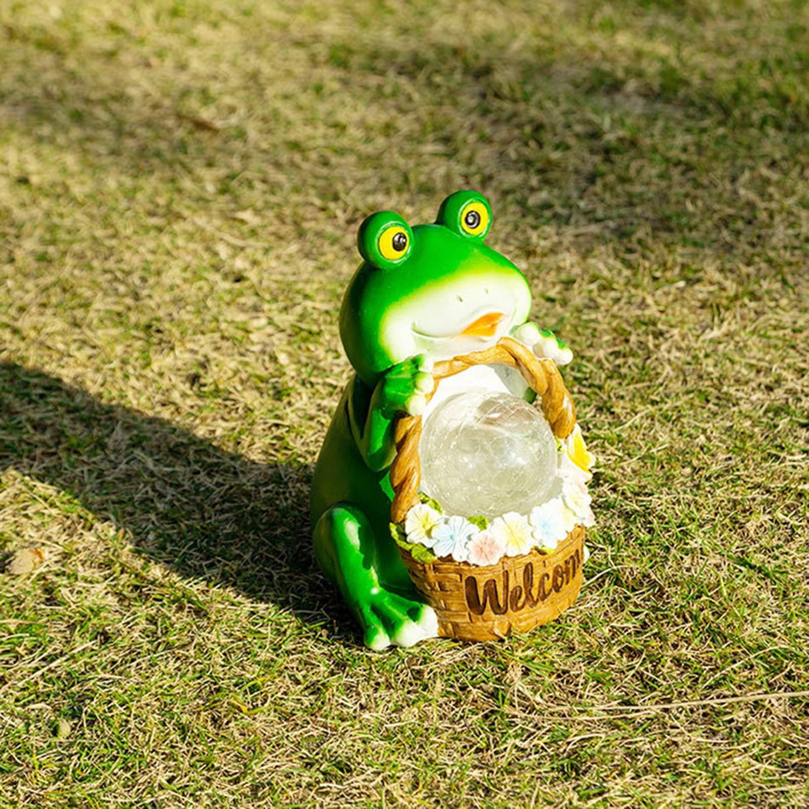 MFFIRE Ornamento de Jardín, Estatua de Rana con Solar Lámpara Esférica De Crack, Cartel De Bienvenida Al Jardín Estatuas De Resina Decoración Adornos de Céspe