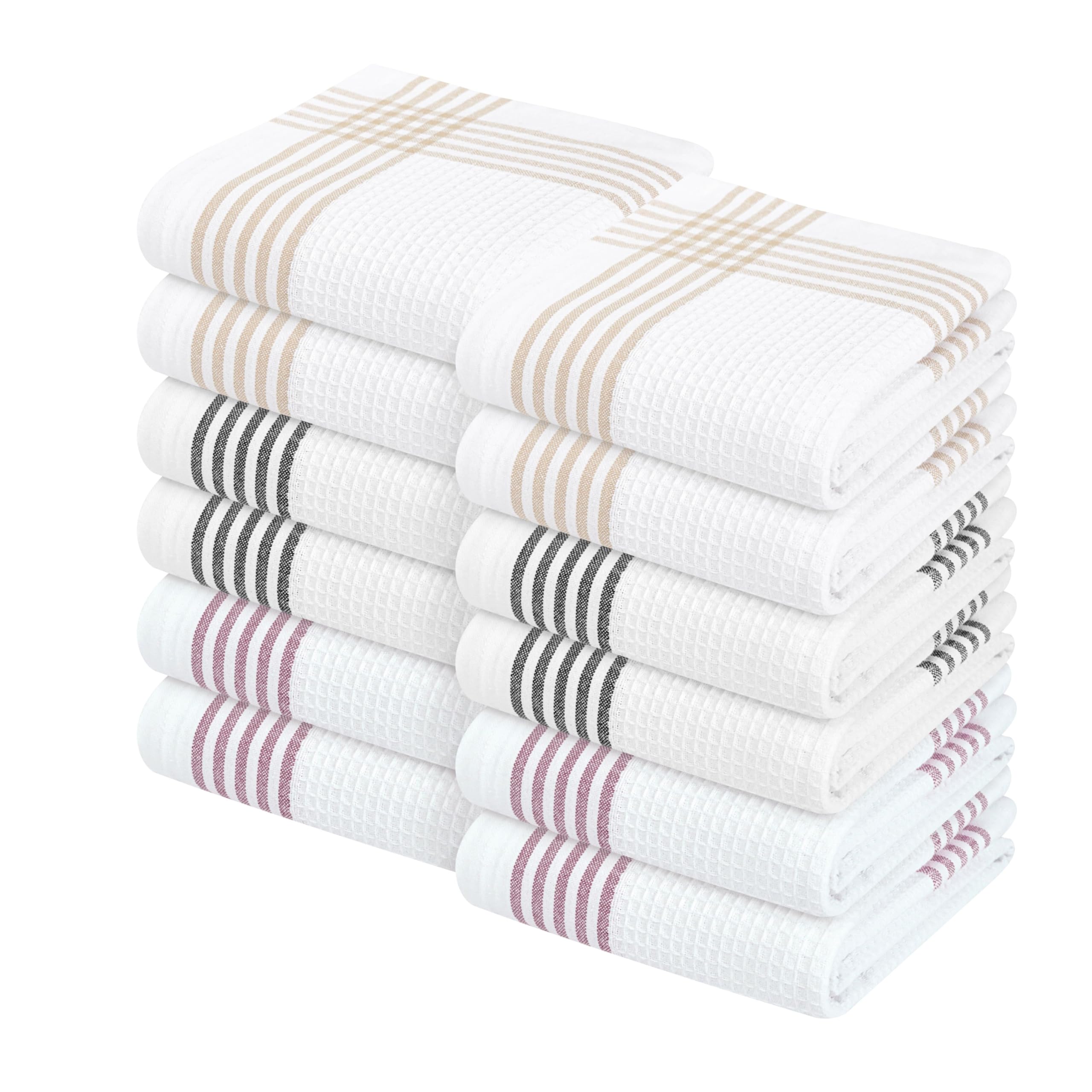 Waffle White &amp; Multi Colors Kitchen Towels 12 Pack, 100% Cotton, 16x26 inches, Durable Dish Towel, Quick Dry Dishcloths, Ideal for Drying, Wiping - Beige, Black, Burgundy Wine