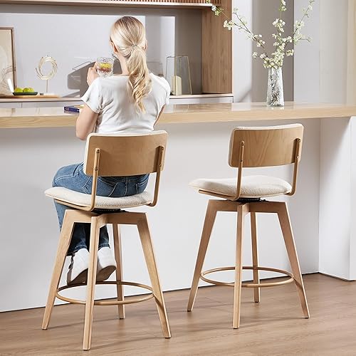 Miniatura 9 de ONEVOG Juego de 2 taburetes de bar giratorios de madera de 26 pulgadas de altura de mostrador, modernas sillas altas tapizadas para isla de cocina
