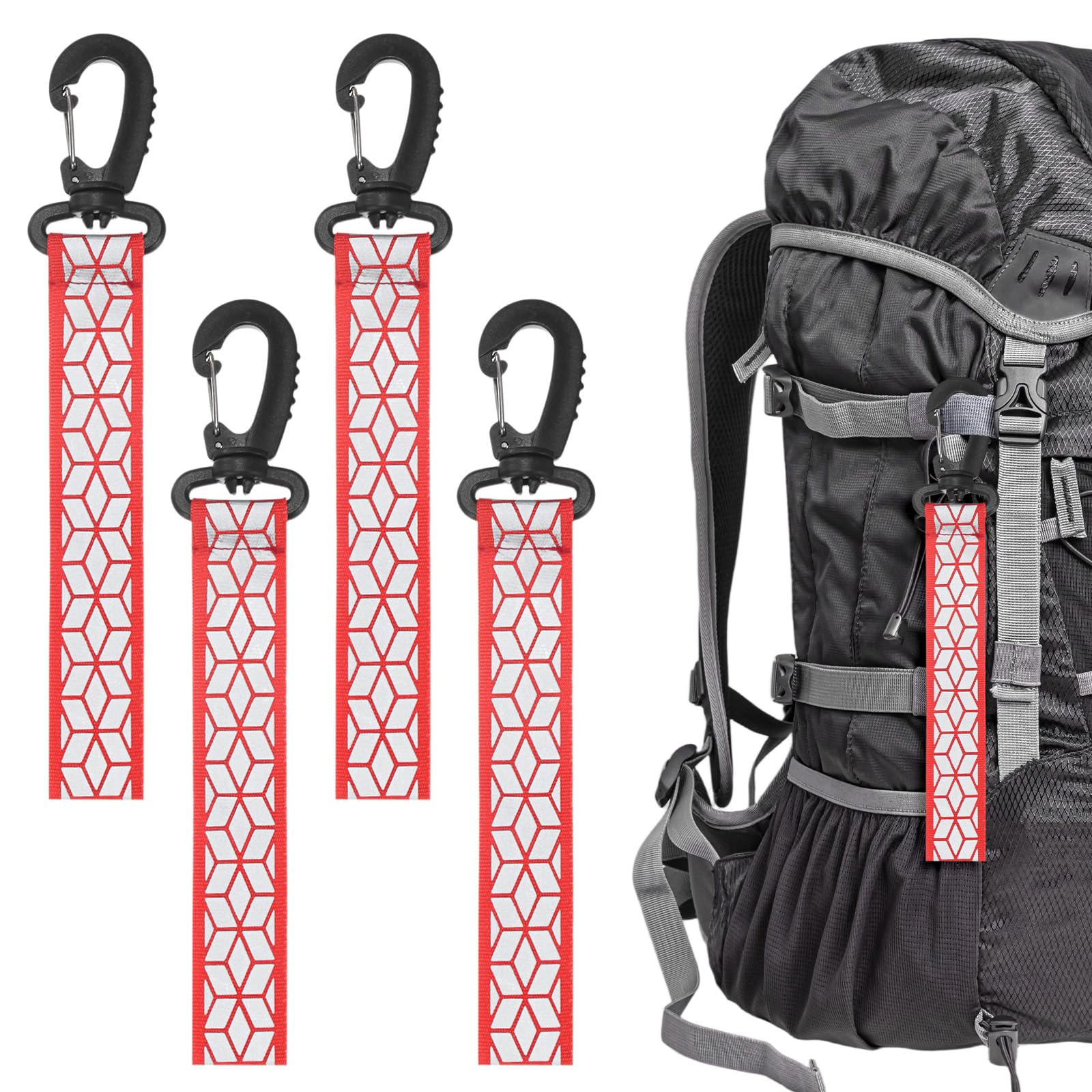 TIXIPEM Safety Reflector Pendants [4PCS] - Reflective Safety Keychain Gear with Plastic Buckle Use for Backpack & Running & Cycling - [Red-8.1IN/20.5CM] Double-Sided Reflective Tags