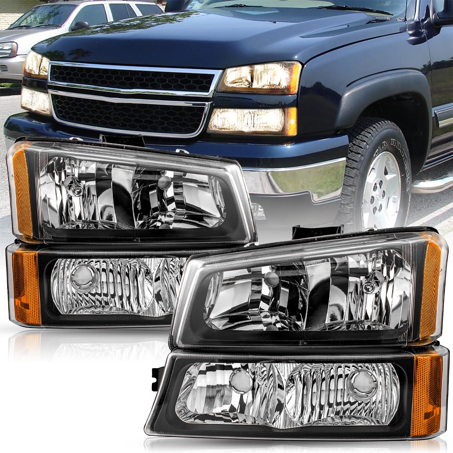 TUSDAR 4 PCS Fits for 2003-2006 Chevy Silverado Avalanche Headlights Assembly Pair Set No Fogging OE Factory Style Black Housing & Amber Reflector