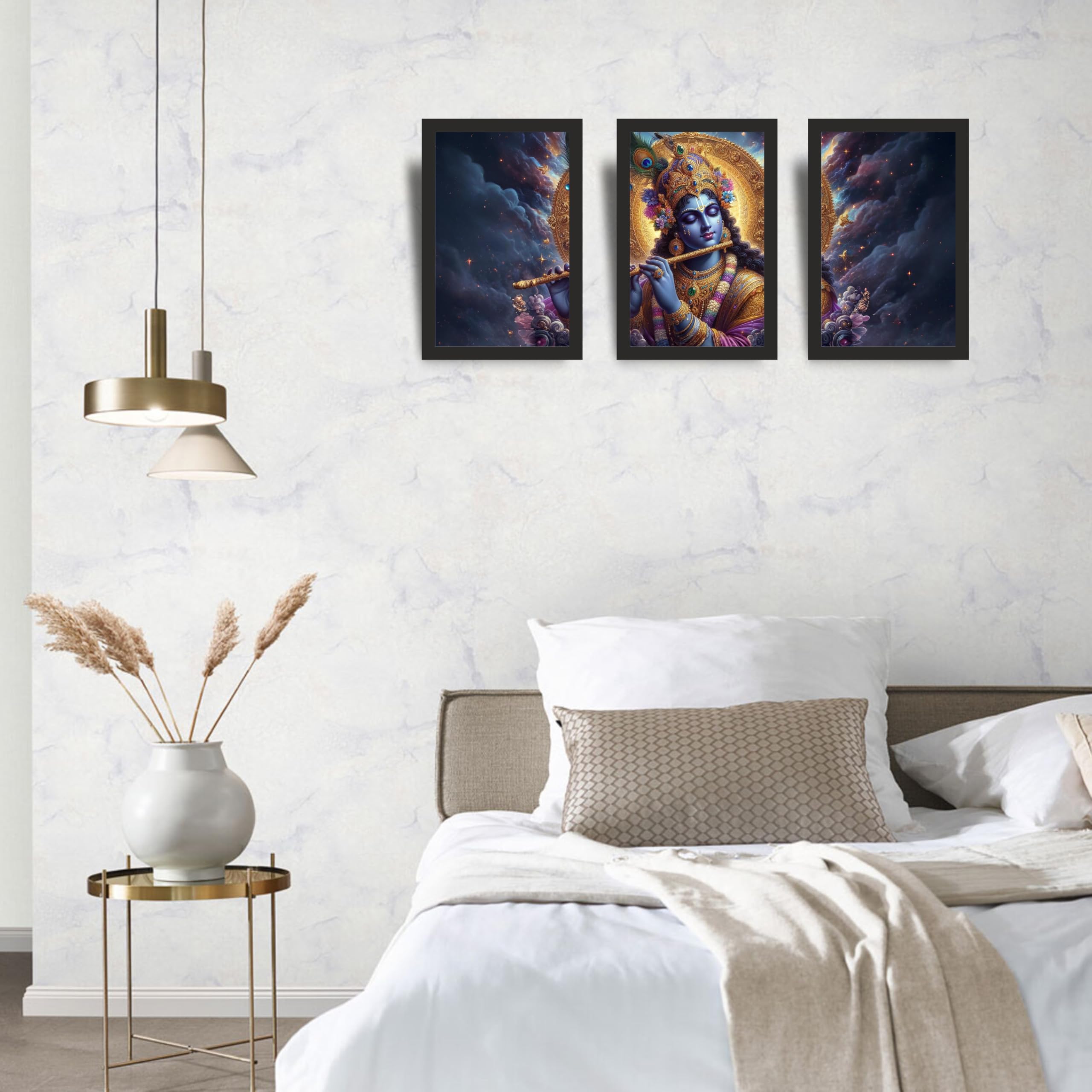 Lord Krishna Cosmic Flute Wall Art Set of 3