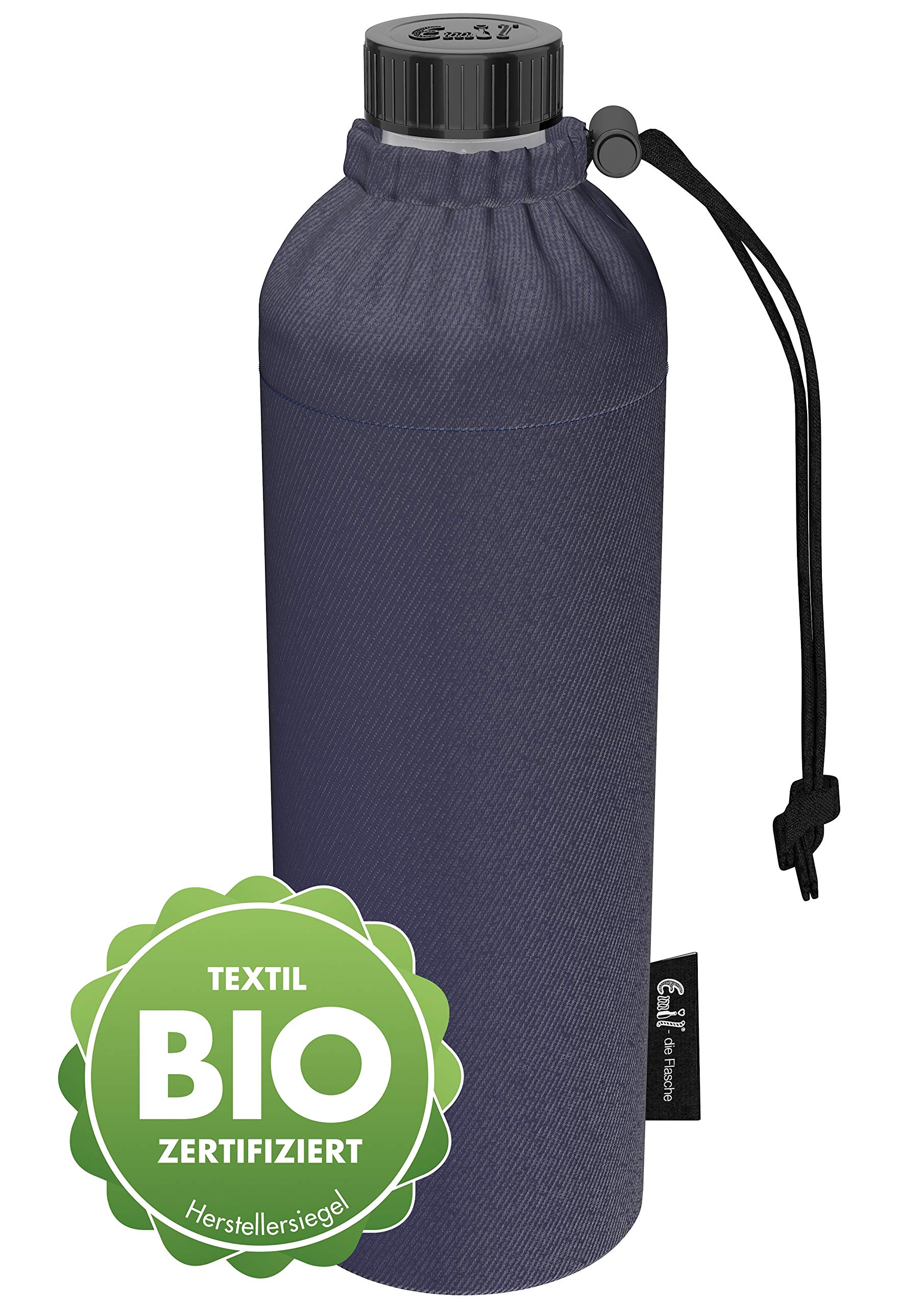 Emil Trinkflasche aus Glas für Mädchen & Jungen isolierte Glasflasche für Schule, Freizeit, Sport: Kinder & Eltern BIO Jeans 0,75l