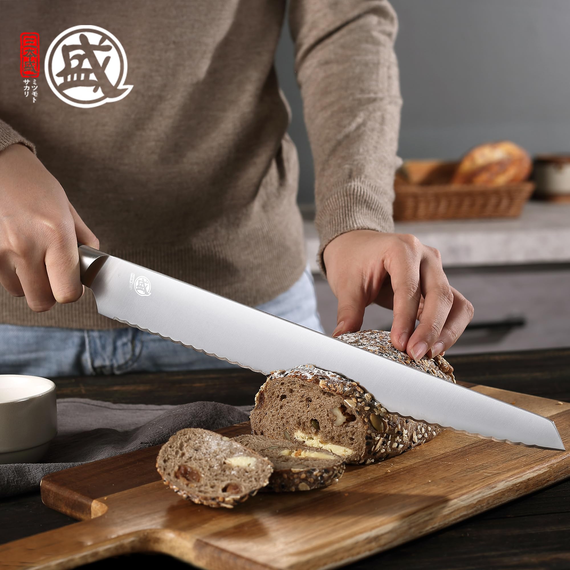 MITSUMOTO SAKARI 30 cm Doppelschneidiges Edelstahl Brotmesser | Extrem Scharfer Japanischer Professioneller Wellenschliffmesser, Geeignet Für Brot, Bagels Und Kuchen , Pakkawood Griff