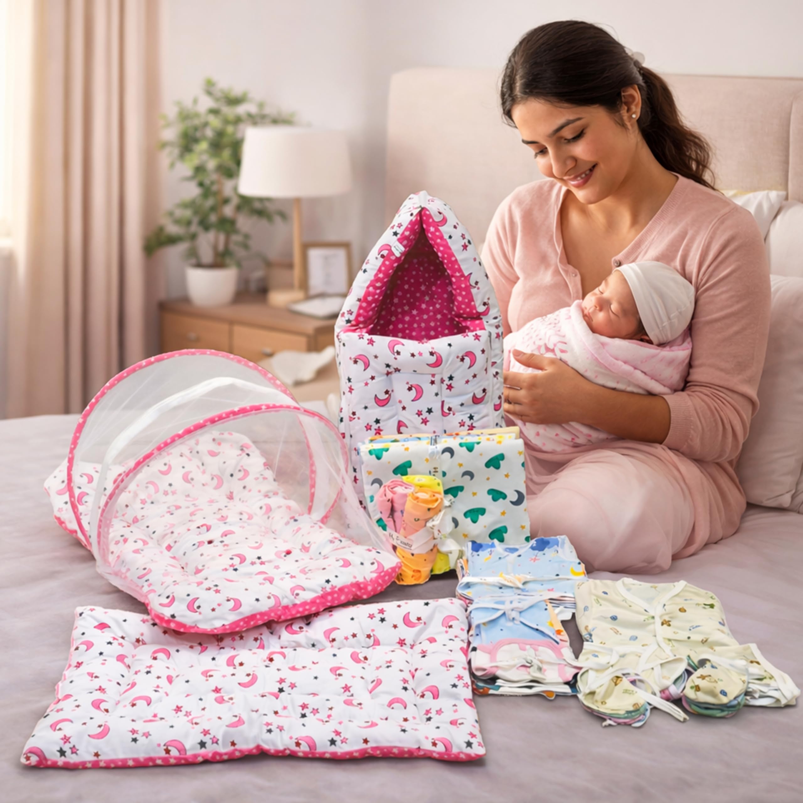 Infantbond 56 in 1 Baby Products All New Born Combo | Gift Set | Baby Essentials | Hospital Kit | Baby Clothes | Maternity Essentials | Infant Essentials | Baby Shower | Complete Daily Items Combo(0-6 Months) (Pink Moon)