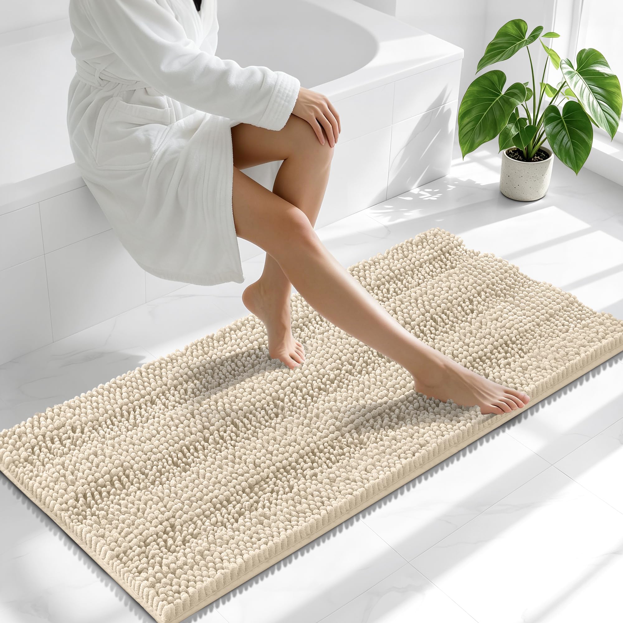 Smiry Thick Chenille Bathroom Runner Rugs 47x20, Absorbent Bath Mat, Sand