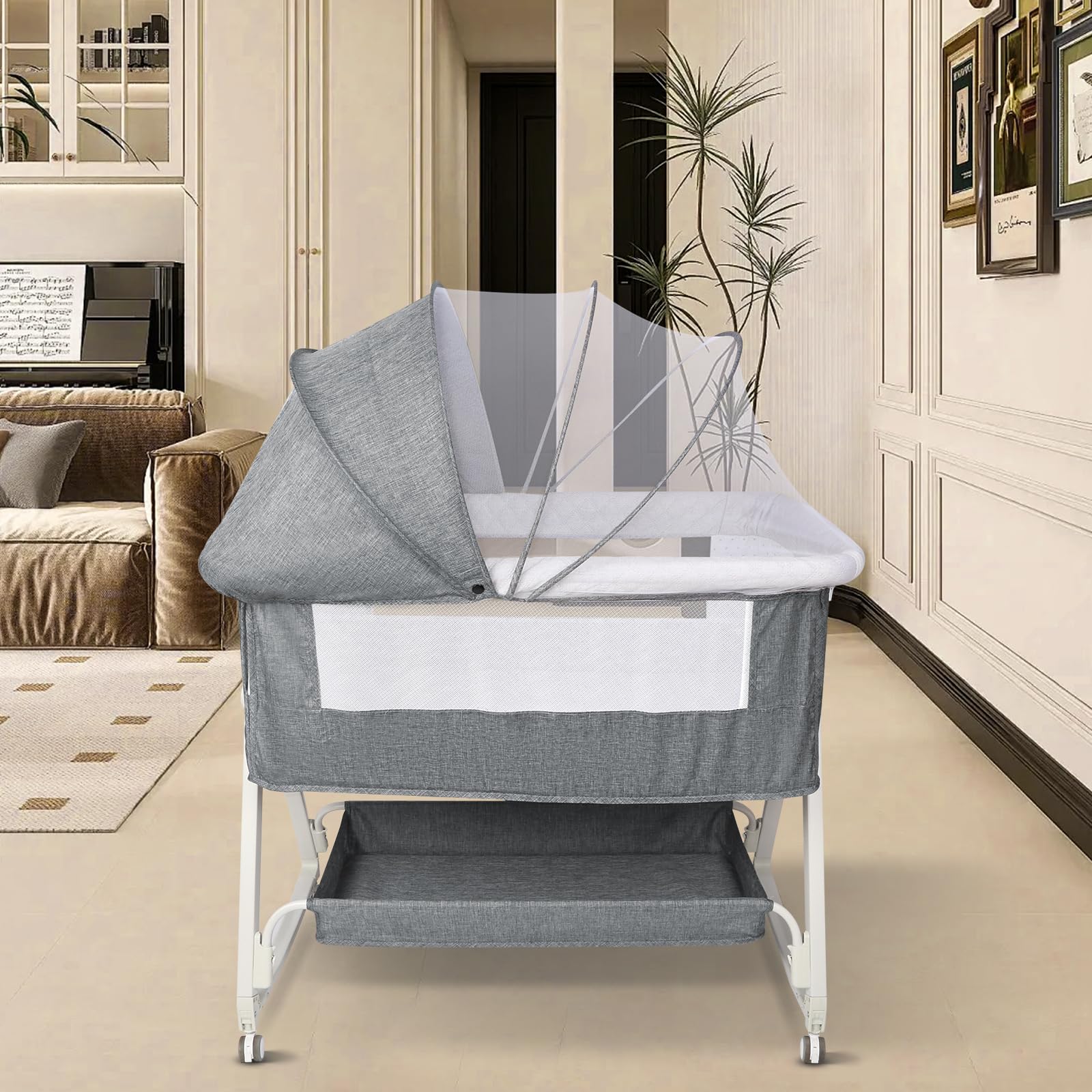 HUOLE 3 in 1 Berceau Cododo avec Matelas et Moustiquaire, lit bébé Portable avec roulettes, 92x52x106-118 cm Gris Lin