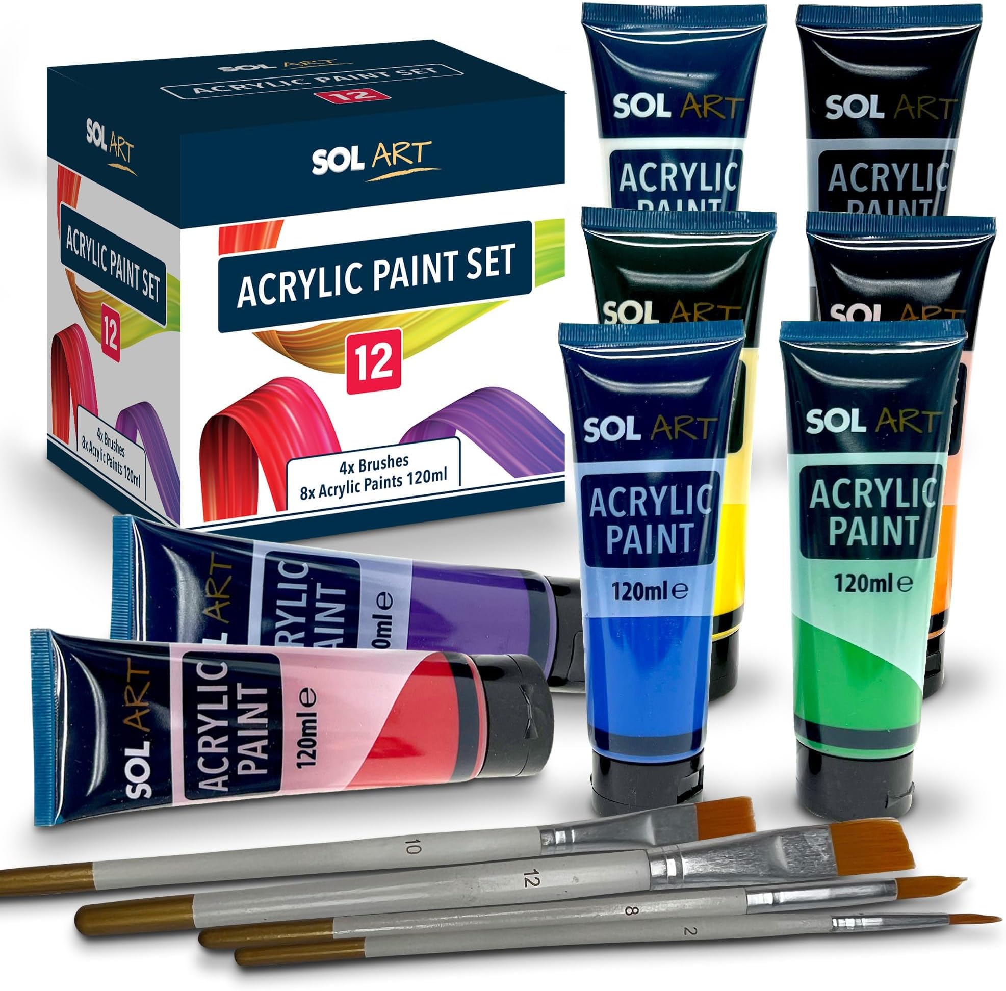 SOL 12pc Acrylic Paint Set with 8x Large 120ml Paints + 4 Brushes for Artists - Vibrant Colours for Canvas, Rock, Ceramic, and Wood - Fast-Drying, Water-Based Paint for Adults, Kids, and Hobbyists