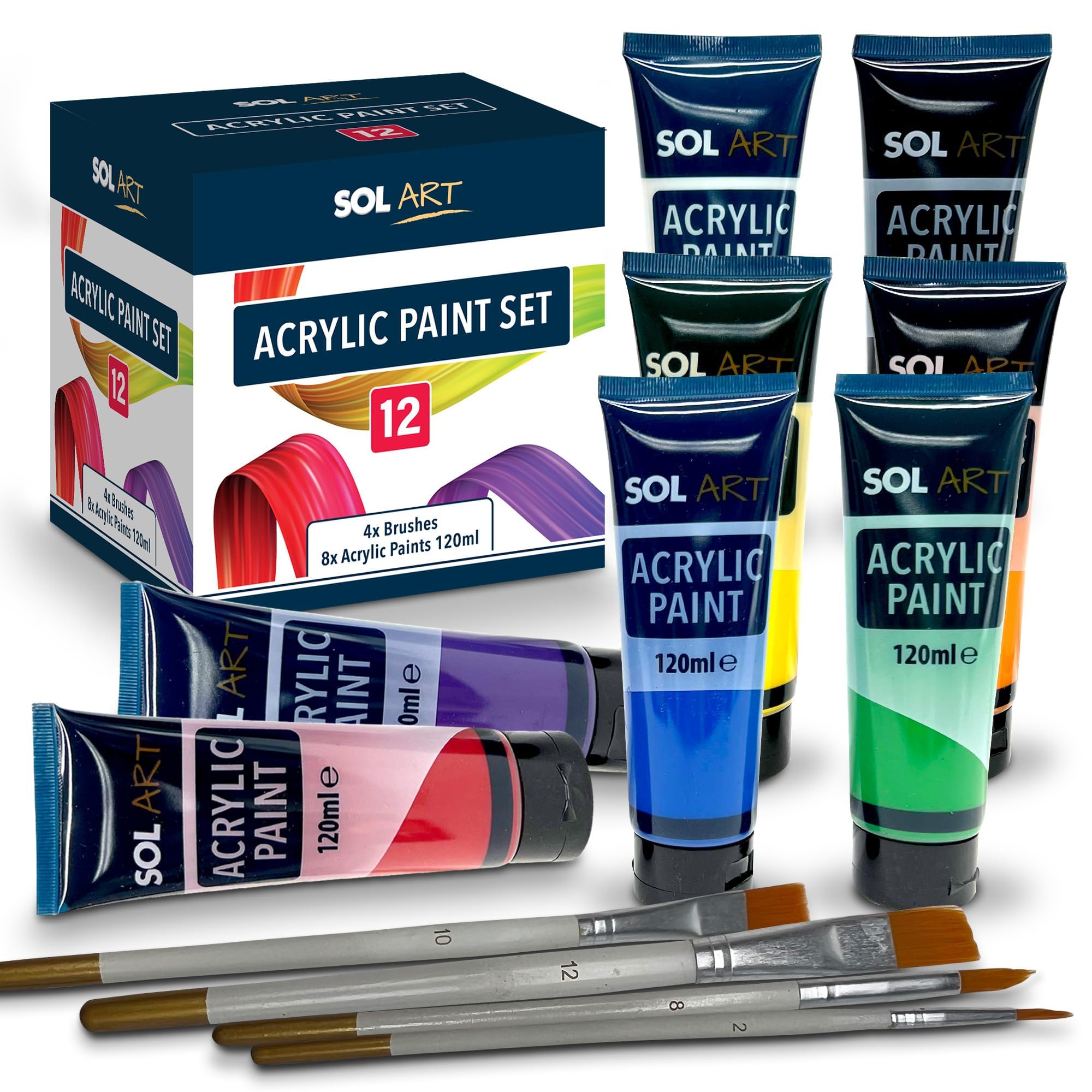 SOL 12pc Acrylic Paint Set with 8x Large 120ml Paints + 4 Brushes for Artists...