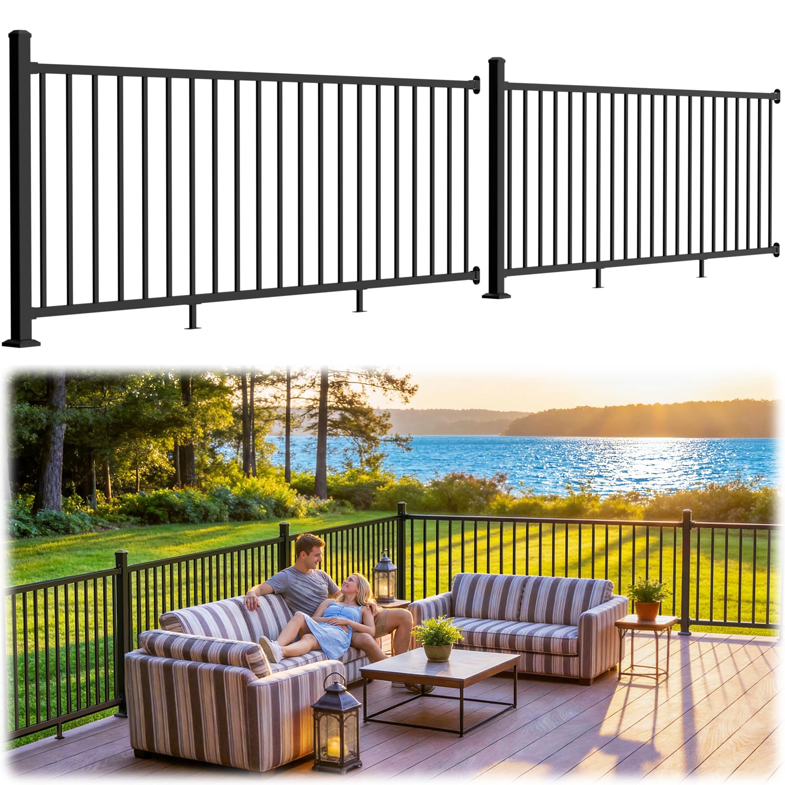 Guwezoy 2 Pack W.8ft x H.36in Aluminum Deck Railing Kits with Post, Black Textured AAMA 2604 Coat Finish, Cuttable DIY Deck Railing System for Outdoor Decks Porches, Garden(2 Post, 2 Panel)