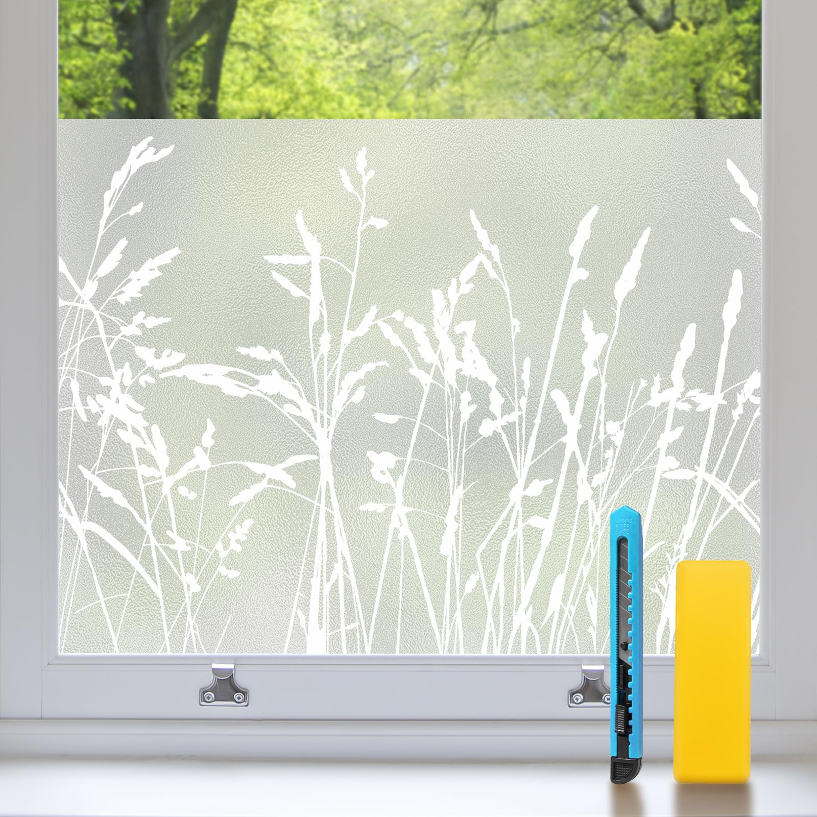 Zindoo Fensterfolie Blickdicht Gräser Sichtschutzfolie Fenster Statische Ohne