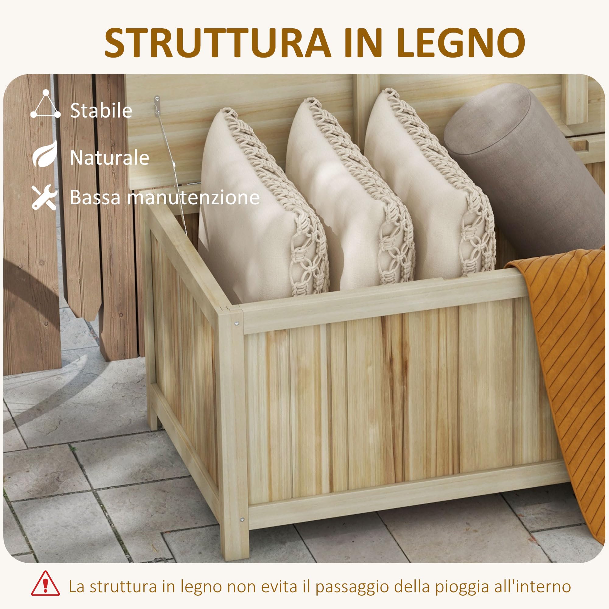Outsunny Panca Contenitore da Giardino da 172L in Legno di Abete, Baule da Esterno 120x55x45cm Colore Legno