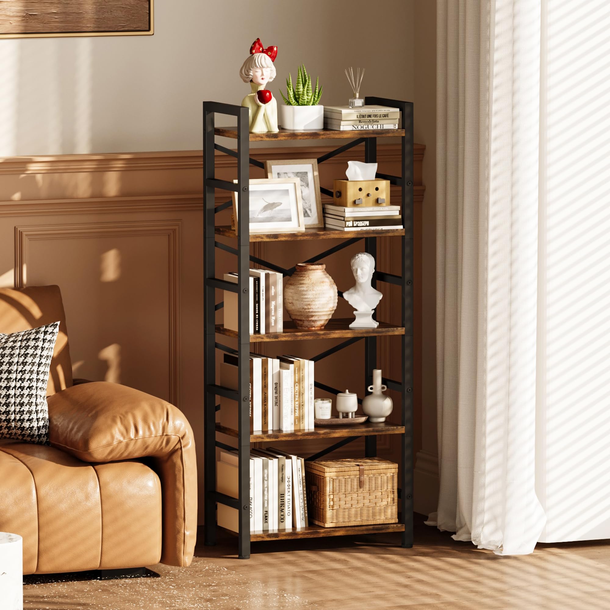 5-Tier Tall Bookshelf - Adjustable Wooden Bookcase For Living Room, Bedroom, Office | 57.1" Height