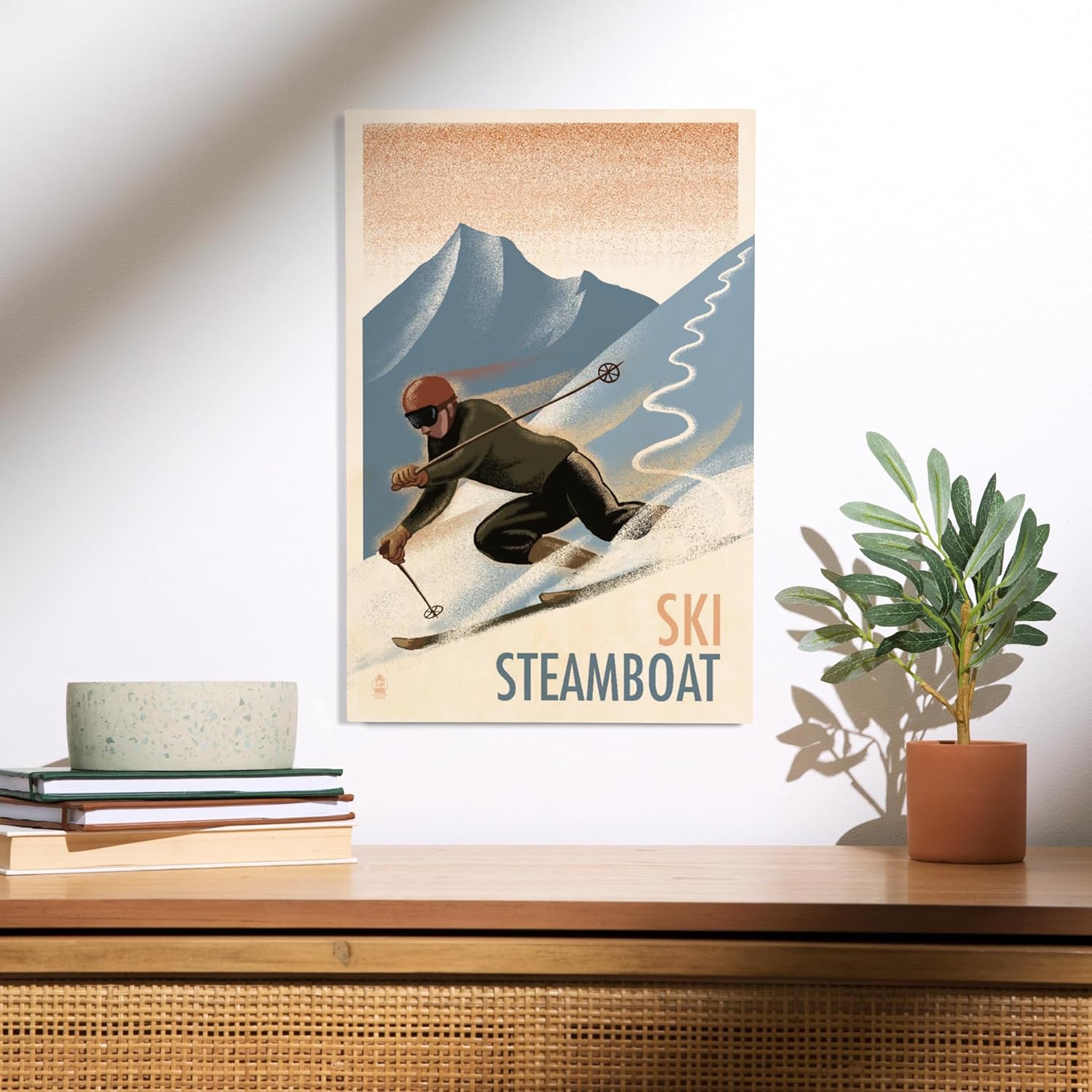 Lantern Press 12x18 Inch Premium Wood Sign, Ready to Hang Wall Decor, Steamboat, Colorado, Downhill Skier, Lithograph