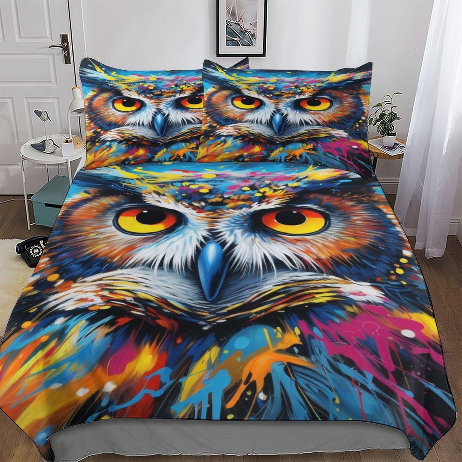 Parure de lit hibou housse de couette king 220x240cm douce microfibre coton enfants adultes 3 pcs