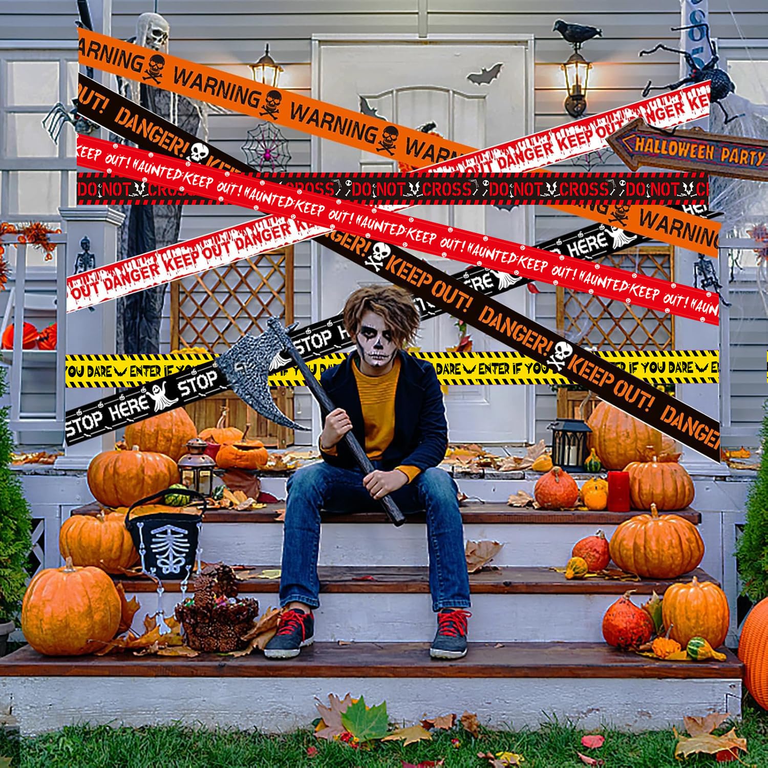 MUMOO BEARHalloween Warning Tape 7 Styles Scary Caution Tape Sign for Haunted House, Hazard Areas, Zombie Party and Halloween Party Indoor Outdoor Garden Yard Decoration (Multi, 7PCS)