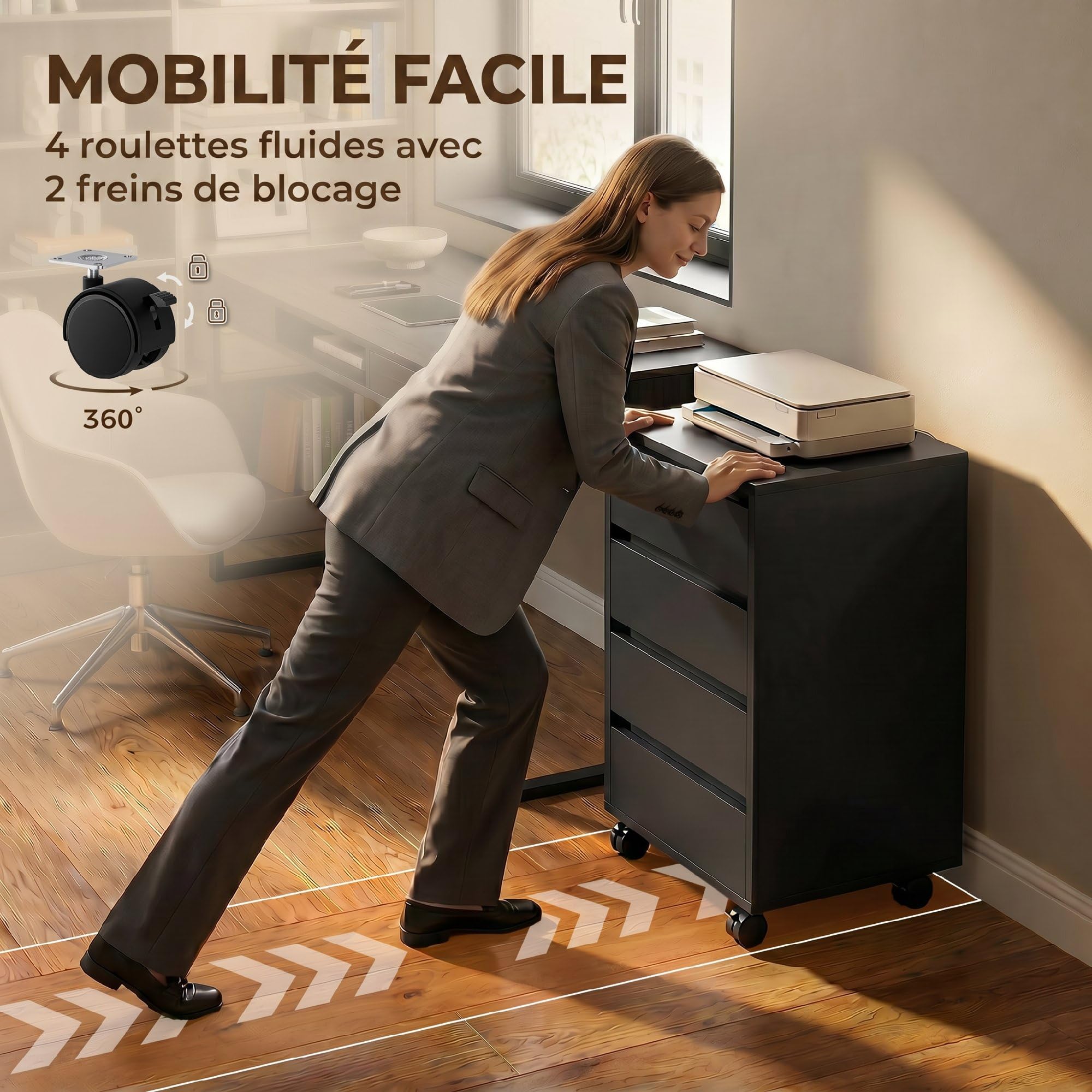 HOMCOM Caisson de Bureau, Rangement Bureau sur Roulettes, 4 Tiroirs Coulissants en Bois, Noir