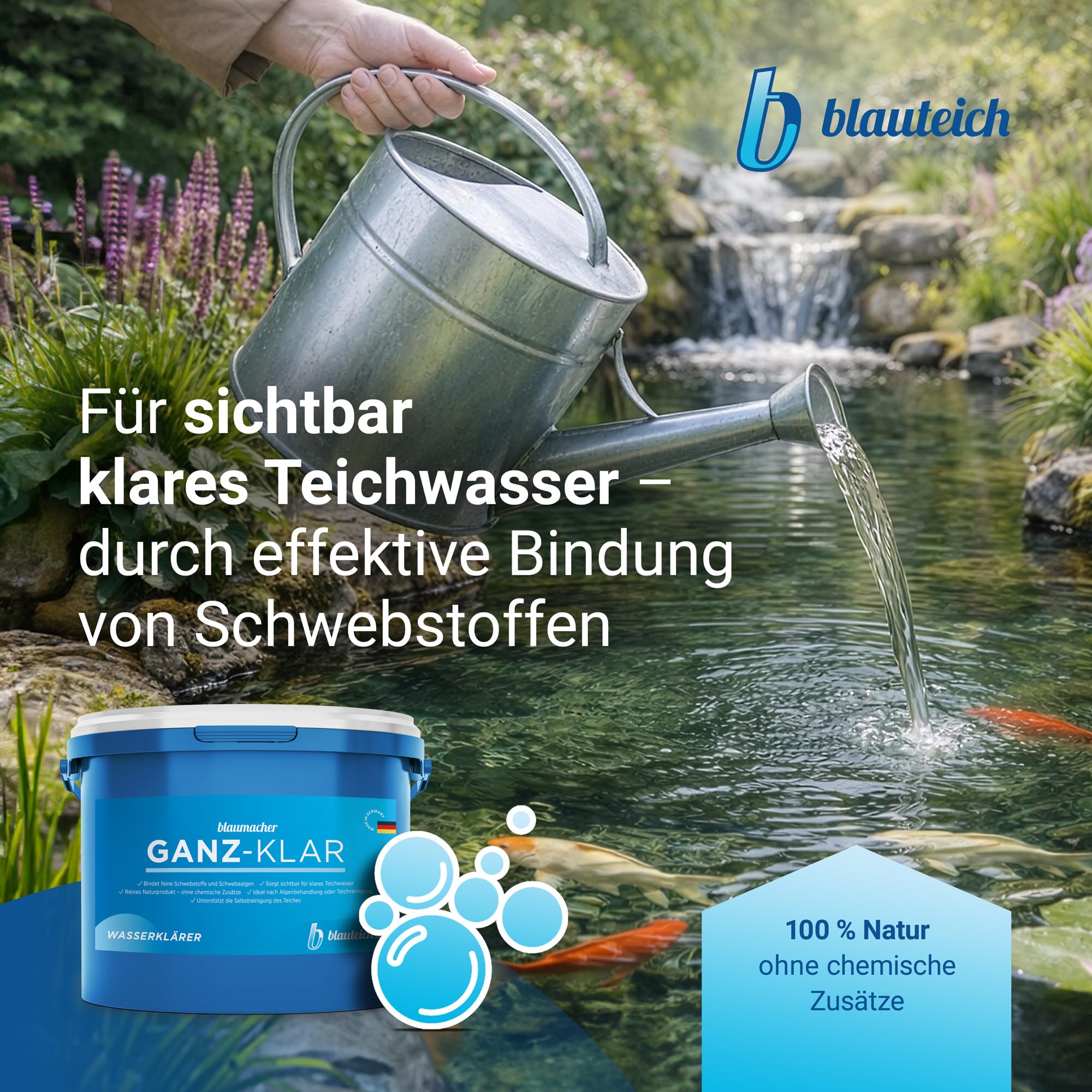 blaumacher GANZ-KLAR – Flockungsmittel & Teichklar-Unterstützung für Teiche, hilft bei Schwebealgen, verbessert Wasserqualität – für Teiche mit Filterbetrieb (2 kg)