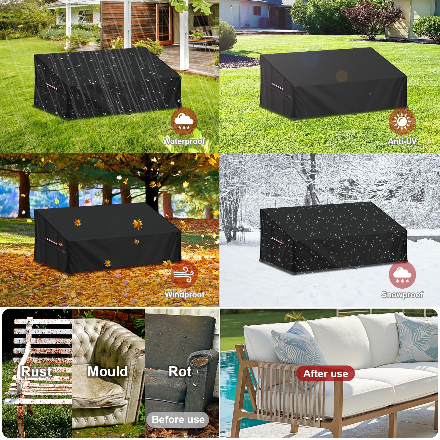 LAMUNI Gartensofa Abdeckung 3-Sitzer Lounge Sofa Schutzhülle für Loungemöbel Wasserdicht Gartencouch Abdeckhaube für 3 Sitzer Gartenbank Abdeckplane Outdoor Sofa Abdeckung, 205x85x80/40cm