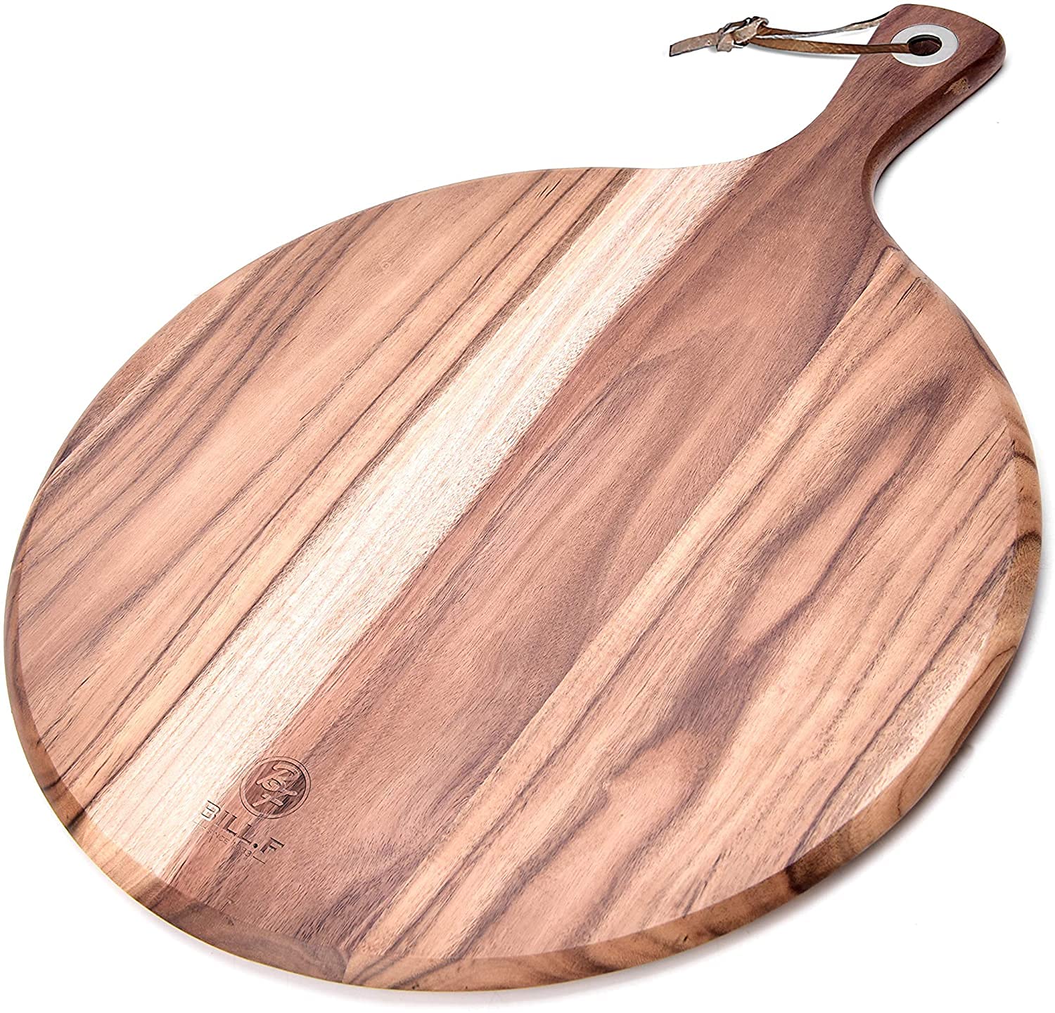 BF BILL.F SINCE 1983 Pelle à pizza en bois d'acacia, planche à découper, plateau de service, pelle à pizza ronde, plateau de transfert pour déplacer pizza, biscuits, gâteaux, pain, 48 x 36,5 x 1,2 cm