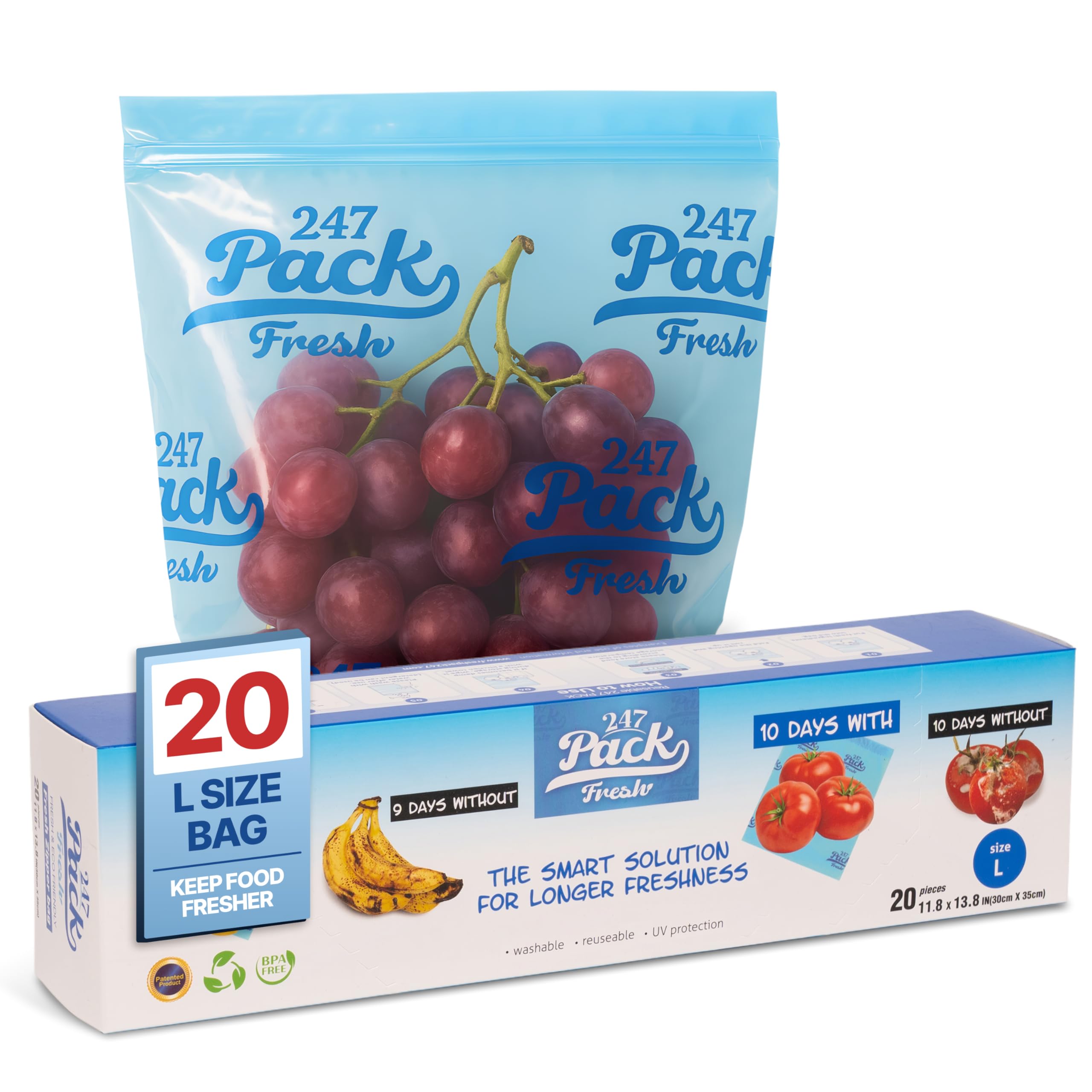 Freshpack 247 Reusable Produce Storage Bags, Size L, 20 Pack