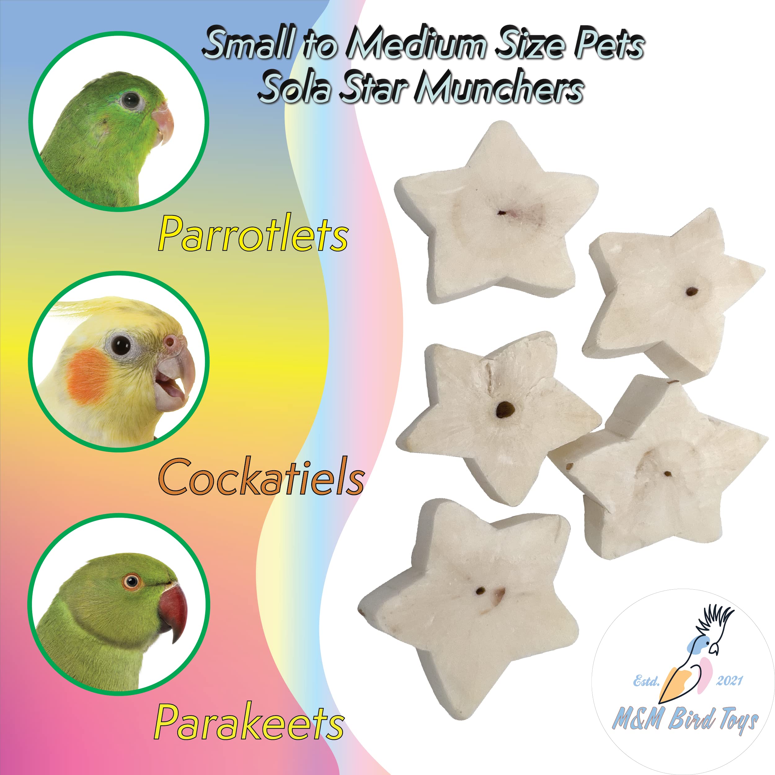 Mandarin Bird Toys by M&M 5140 Sola Star Munchers - Handmade Sola Wood Bird Foot Toys, Lightweight, Chewable by Beaks and Shreddable by Feet, Satisfying for Pets, Provides Foraging Fun
