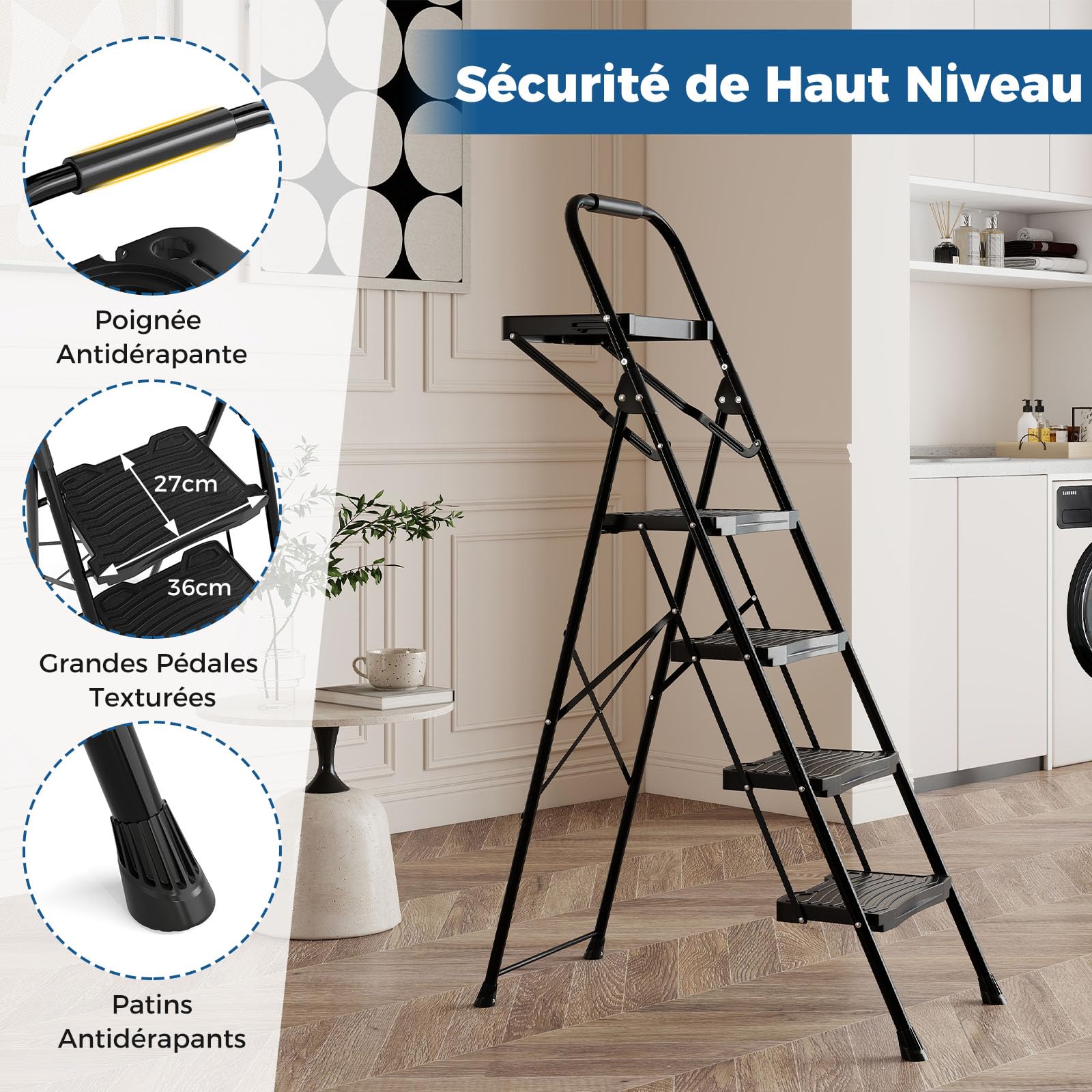 COSTWAY Escabeau Métallique 4 Marches avec Plateau Porte-Outils, Échelle Pliante avec Pédales Larges Antidérapantes Patins, Échelle Portable Multifonction pour Maison Cuisine Bureau
