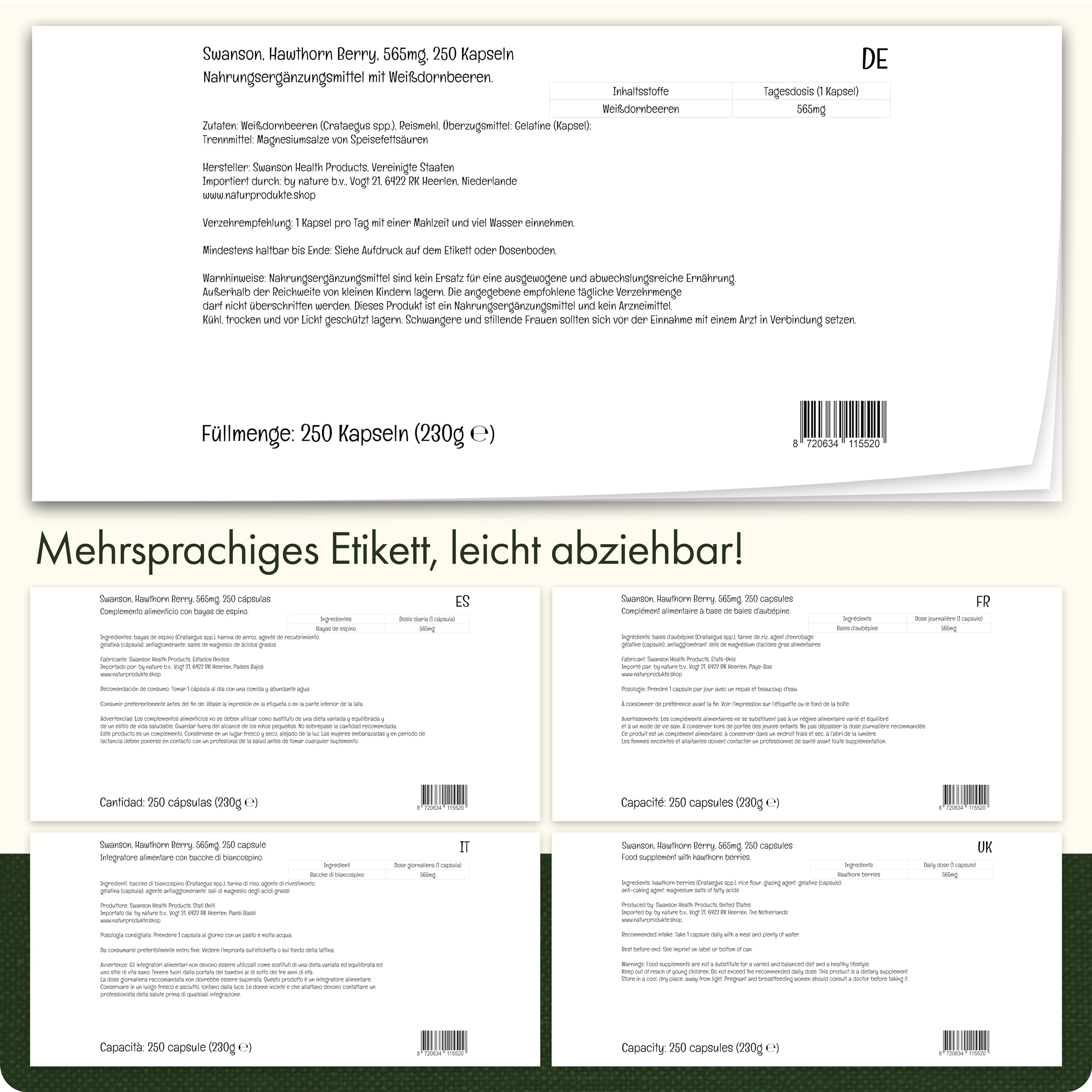 Swanson, Hawthorn Berry, 250 glutenfreie Kapseln, 565mg Weißdornbeeren je Dosis, Sojafrei, GMO frei, Geschmacksneutral