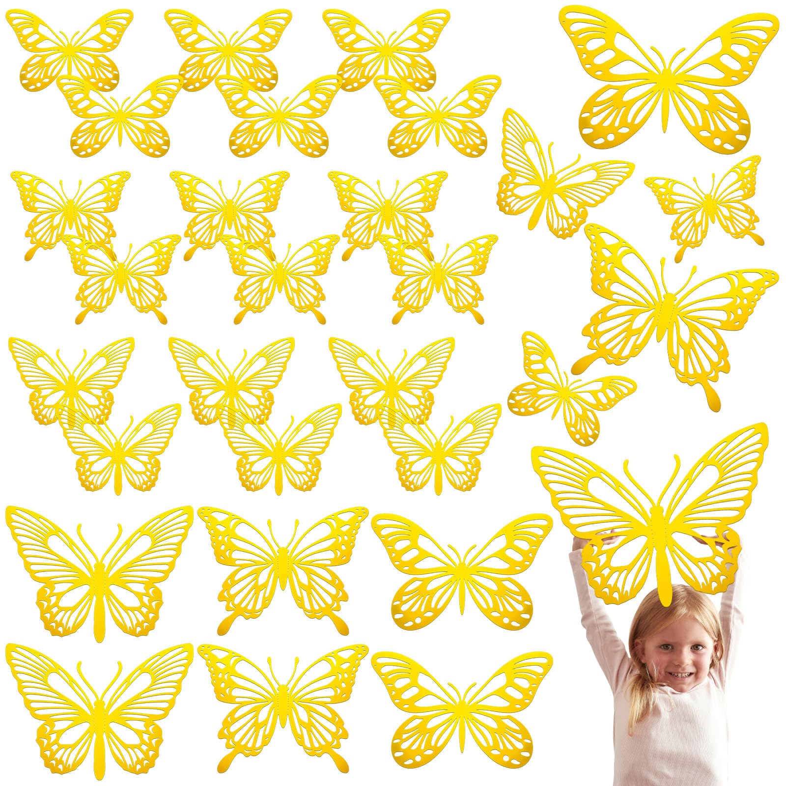YeaqeeLarge Butterfly Party Decoration 3D Butterflies Wall Decor Set 2 Sizes 3 Styles Large Stickers for Birthday Baby Shower Nursery Bedroom Wedding Decor Cutouts(Gold)