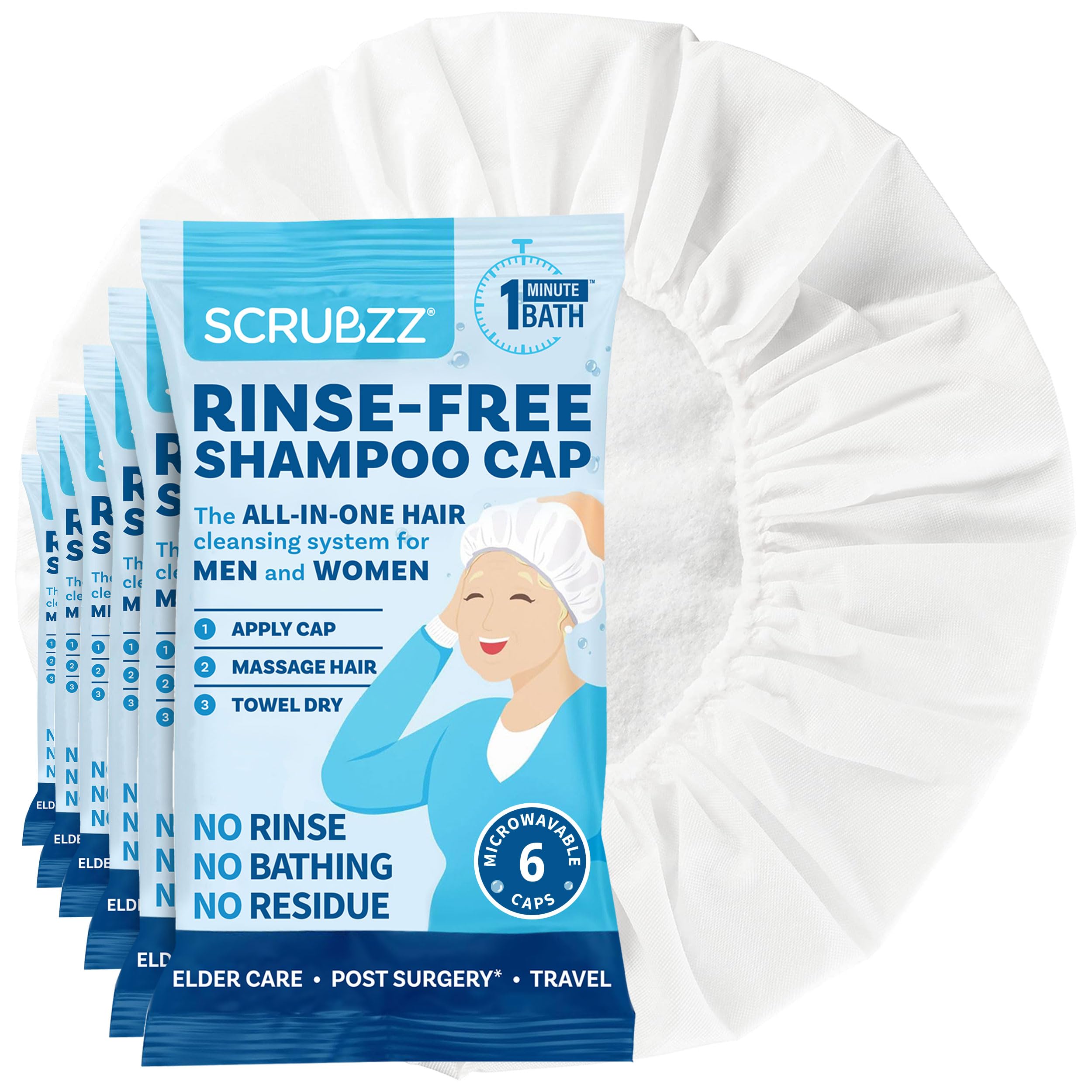 Scrubzz Shampoo Caps No Rinse for Elderly and Bedridden Patients, Rinse Free Shampoo Caps for Post Surgery and Hospital Stays, Waterless Hair Washing Shower Caps - 6 Pack