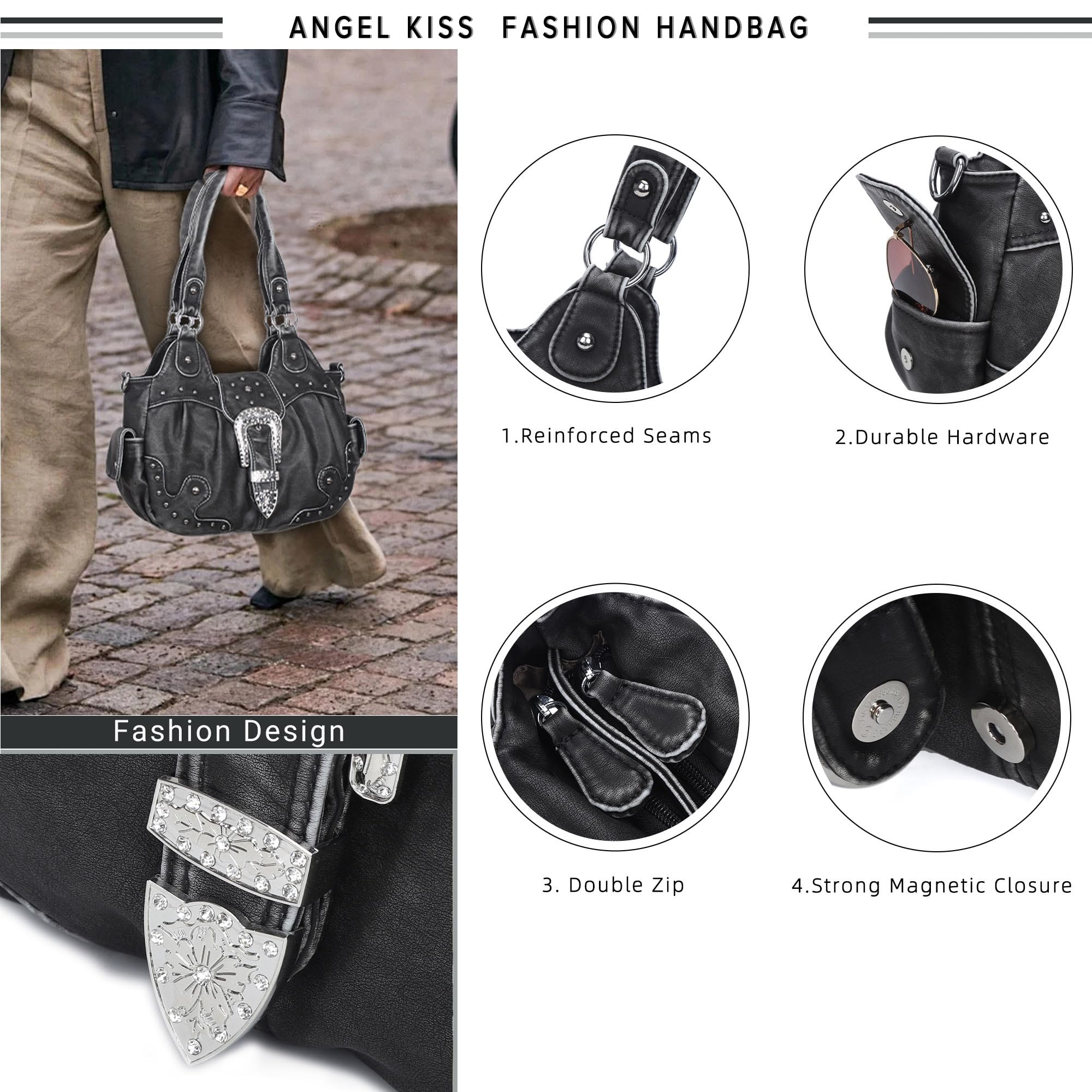 Angel Kiss Torby hobo dla kobiet wegańskie skórzane torebki i torebki damskie eleganckie torby na ramię torebki crossbody z metalowymi ćwiekami