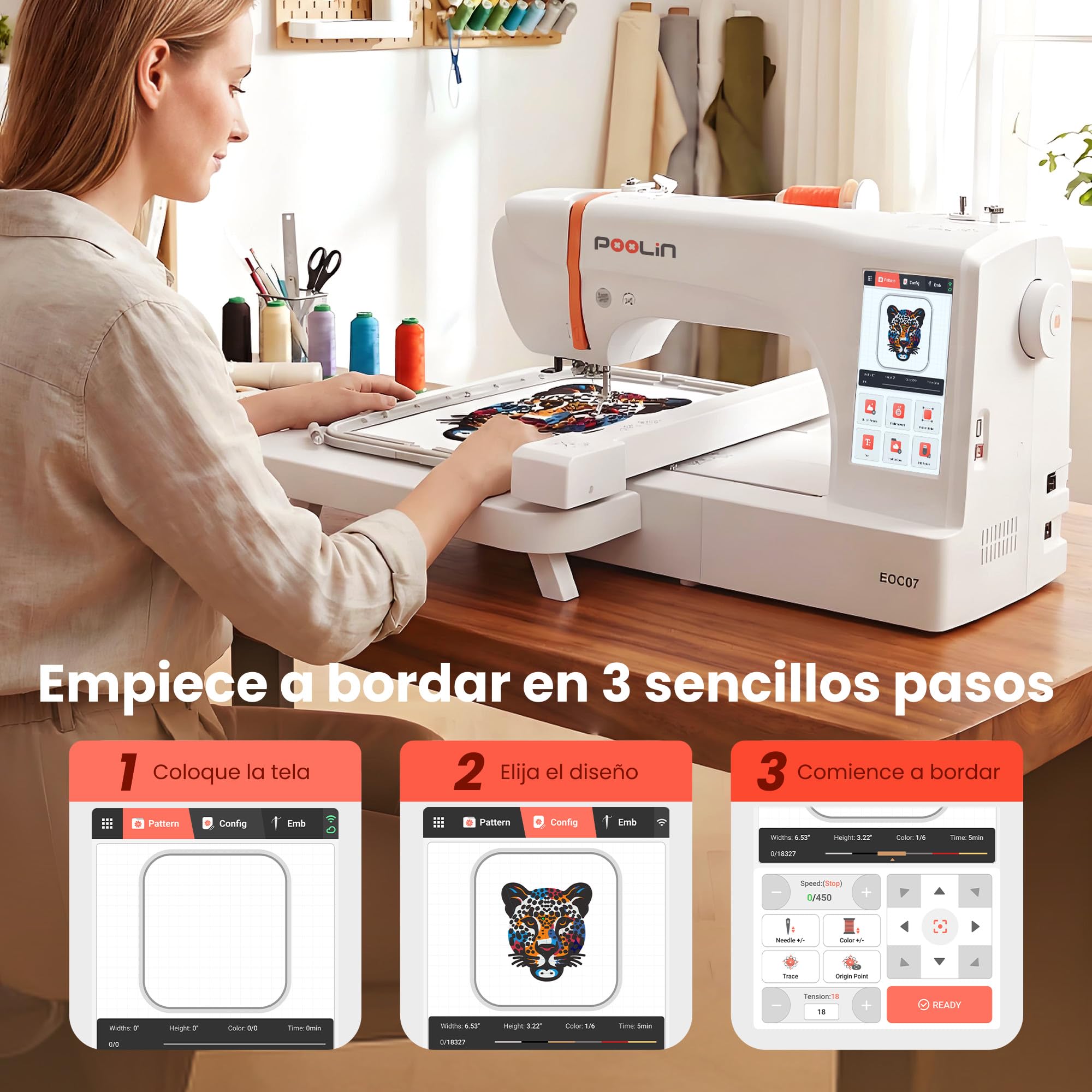 PooLin EOC07 - Máquina de bordar (20 x 38 cm, pantalla táctil HD 7", transferencia Wi-Fi, 200 diseños integrados, 860 pts/min, 4 marcos incluidos