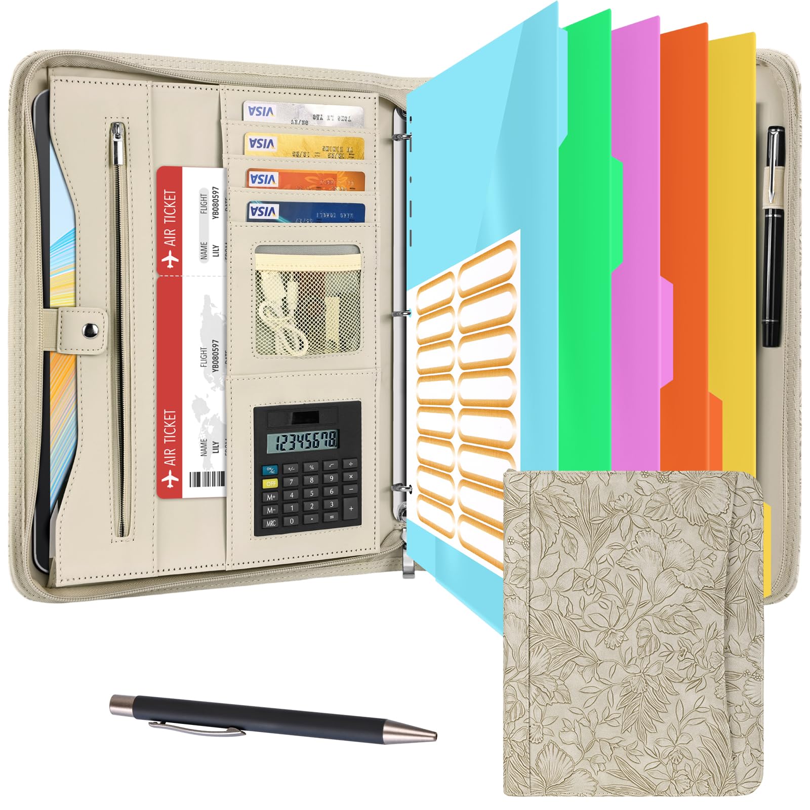 Eshow Portfolio Organizer - 3 Ring Binder with Zipper, Vegan Leather Business Padfolio Folder with Notepad Includes 5 Color Sheet Protectors for Documents Files for Men Women