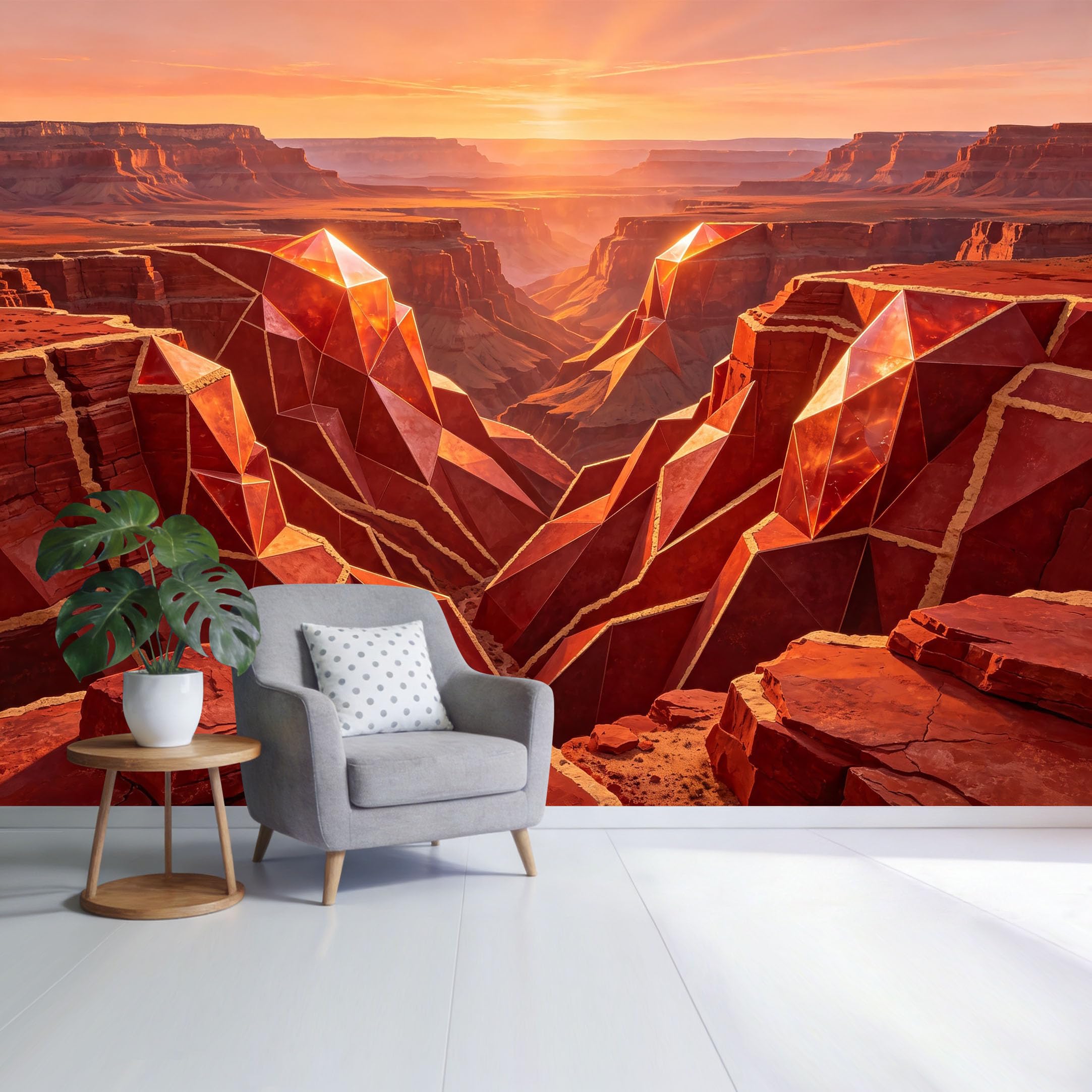 Custom Size Wall Mural Geometric Crystal Canyon Sunset 3D Trompe L'Oeil Removable Self Adhesive Fabric， Home Wall Decor for Living Room Bedroom Bathroom