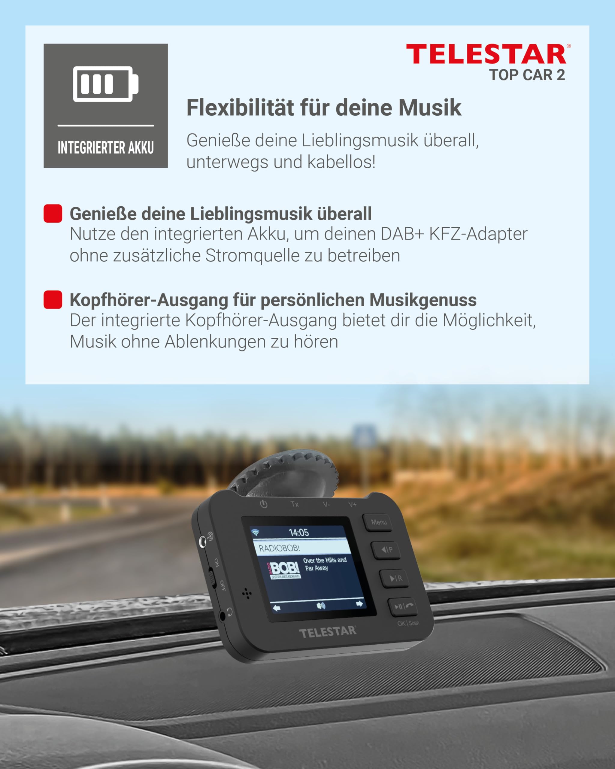 TELESTAR TOP CAR 2 – DAB+ Adapter für Autoradios, Akku – Schwarz | FM-Transmitter, Line-Out-Anschluss, Farbdisplay, Bluetooth Audio Streaming, Freisprecheinrichtung, microSD