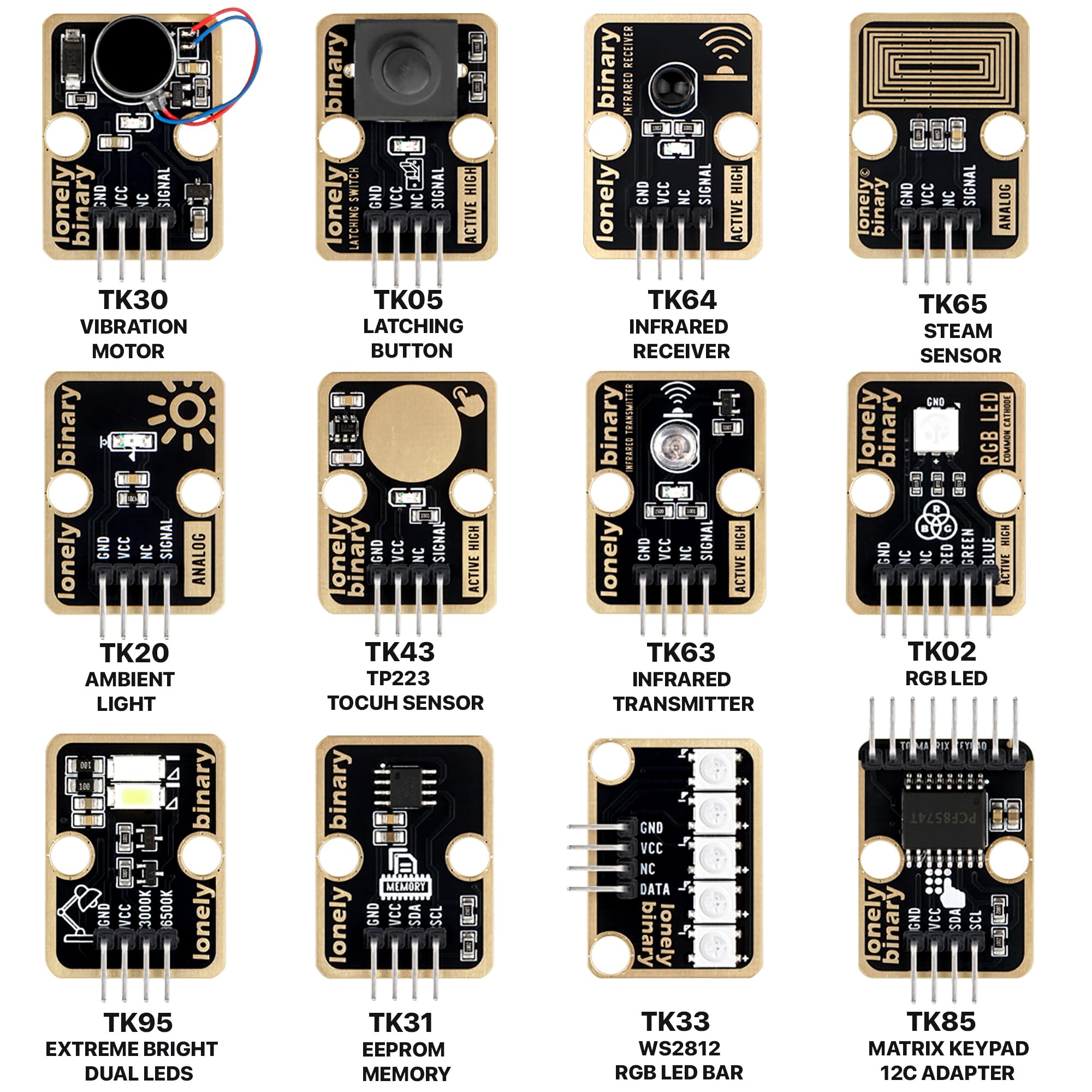 Lonely Binary TinkerBlock Kit modulo sensore 46 pezzi Gold Edition, senza piombo | con tutorial compatibile con Arduino IDE, ESP32-S3, Raspberry Pi Pico | Starter Kit prototipazione fai da te
