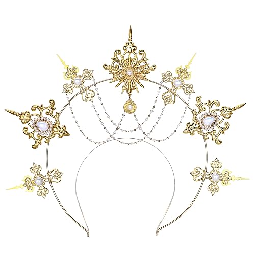 Gold Goddess Halo Crown Lolita Tiara Headband Gemstone Pearl Tassel Headwear for Women Cosplay Photoshoot Costumes Wedding Party Festival Accessories